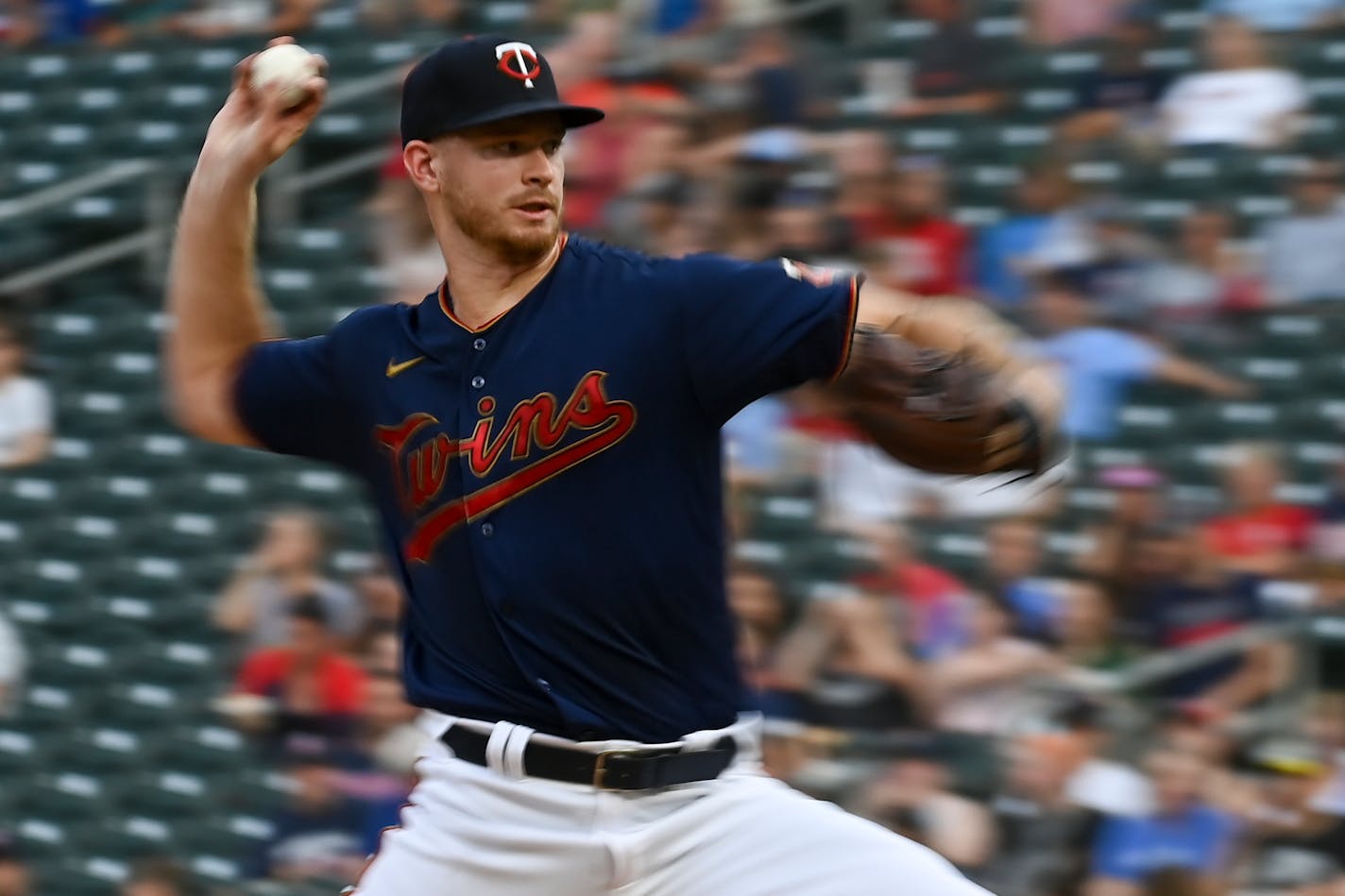 Minnesota Twins starting pitcher Bailey Ober (82) threw a pitch in the top of the first inning against the Cleveland Indians.