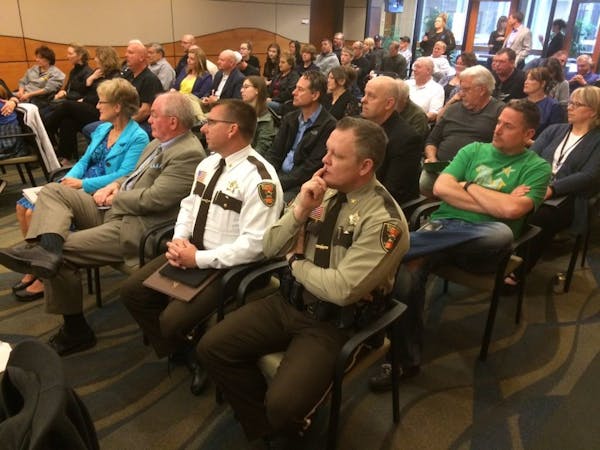 A full house, including new Washington County Sheriff Dan Starry (second from right in first row), listened May 9 to discussion at the County Board me