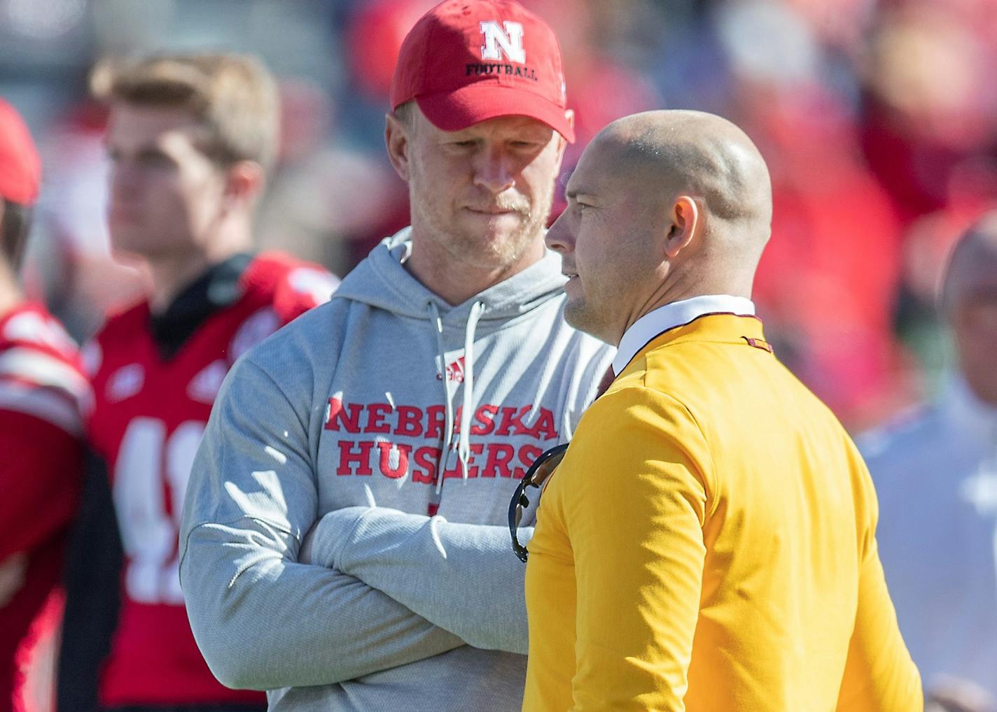 Minnesota's P. J. Fleck chatted with Nebraska Head Coach Scott Frost before Minnesota took on Nebraska at Memorial Stadium, Saturday, October 20, 2018 in Lincoln, NE. ] ELIZABETH FLORES • liz.flores@startribune.com