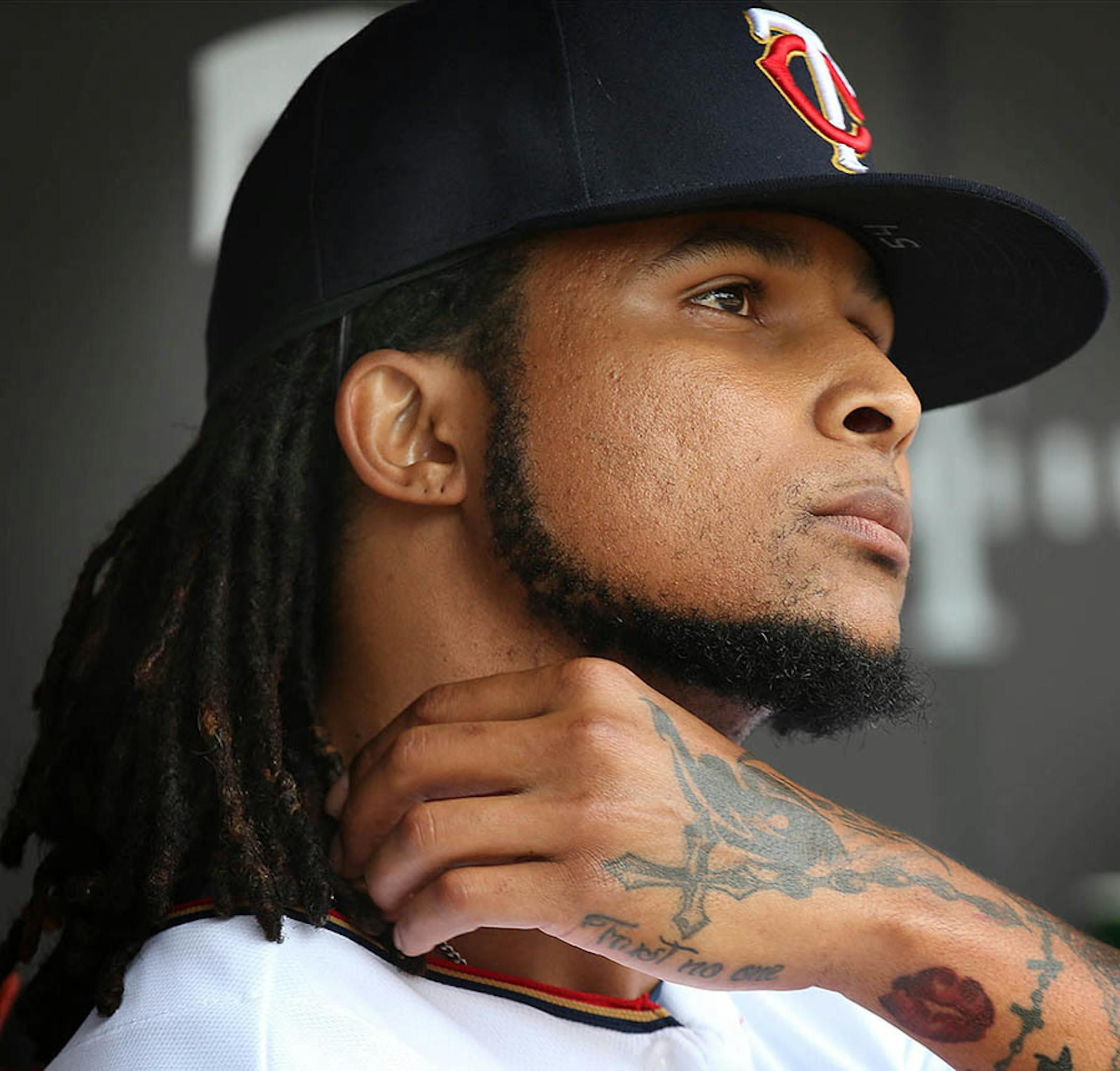 Twinsí right-handed pitcher Ervin Santana sat in the dugout moments before the start of the game.