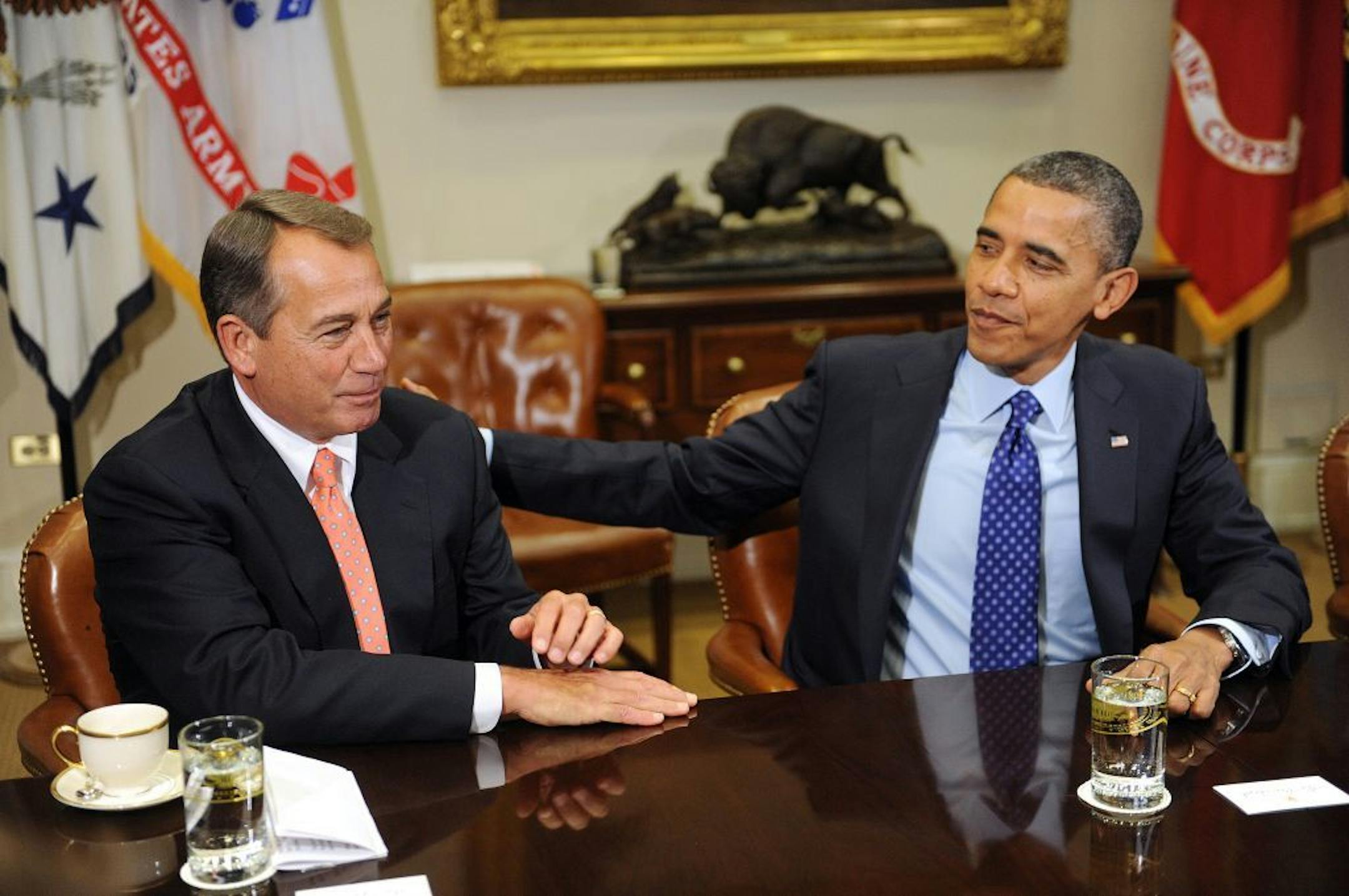 U.S. President Barack Obama meets with Speaker of the House John Boehner during a meeting with a bipartisan group of congressional leaders in the Roosevelt Room of the White House on November 16, 2012 in Washington, DC.
