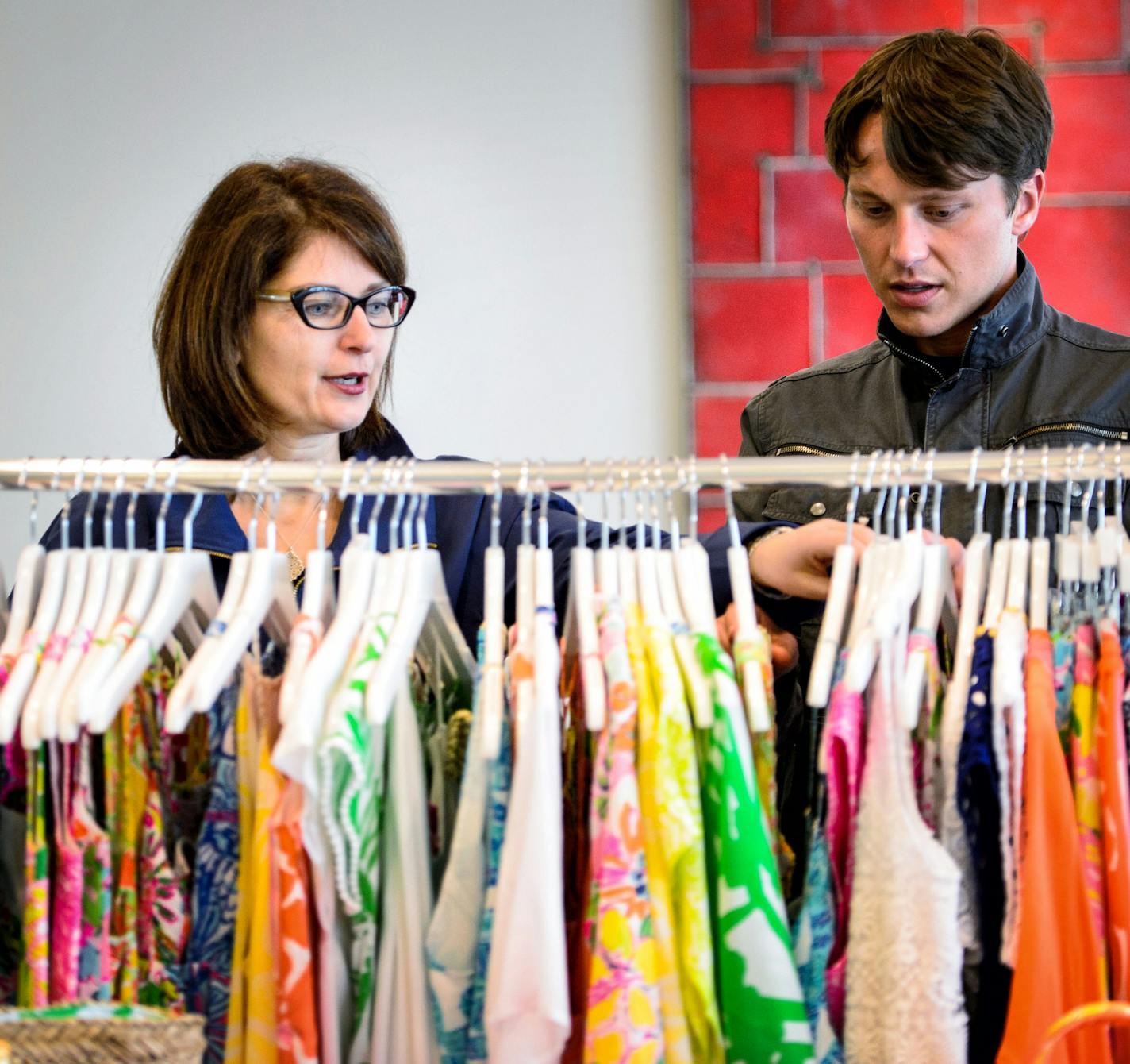 Kathee Tesija, Target's chief merchandising officer worked with Target employee Joshua Thomas to show off some of Target's new Lilly Pulitzer collection. ] GLEN STUBBE * gstubbe@startribune.com Friday, April 10, 2015