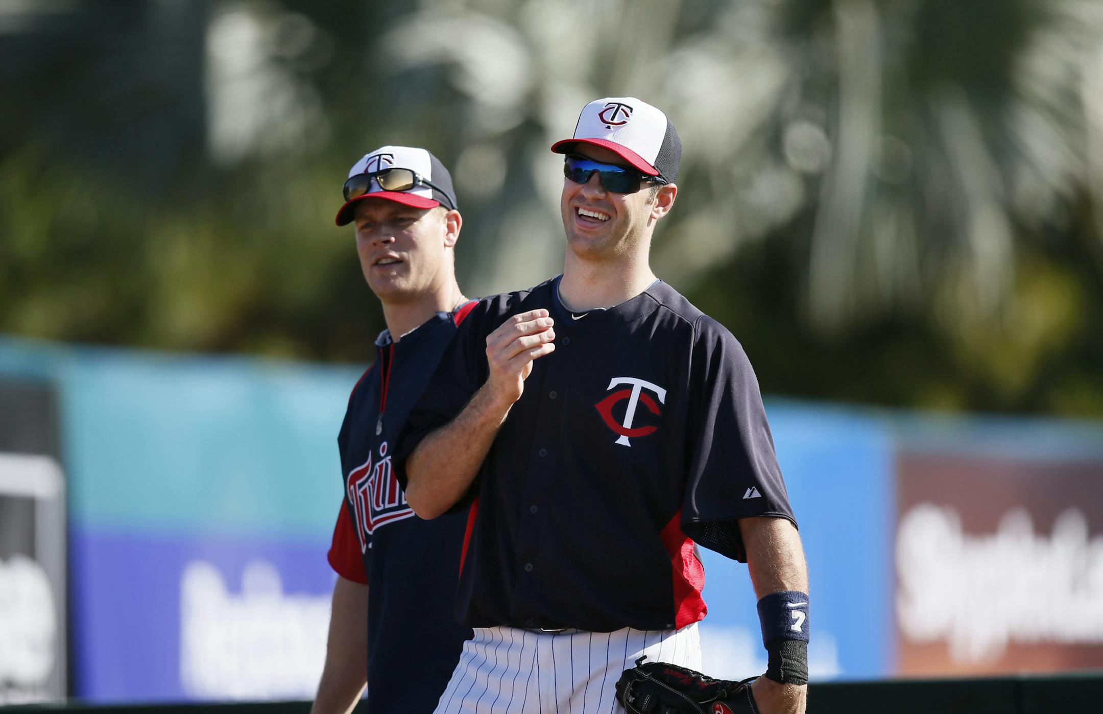 Twins Justin Morneau left and Joe Mauer fielded ground ball from first base durning practice Tuesday Feb.19, 2013 at Lee County Sports Complex in Fort Myers, FL.] JERRY HOLT &#x201a;&#xc4;&#xa2; jerry.holt@startribune.com