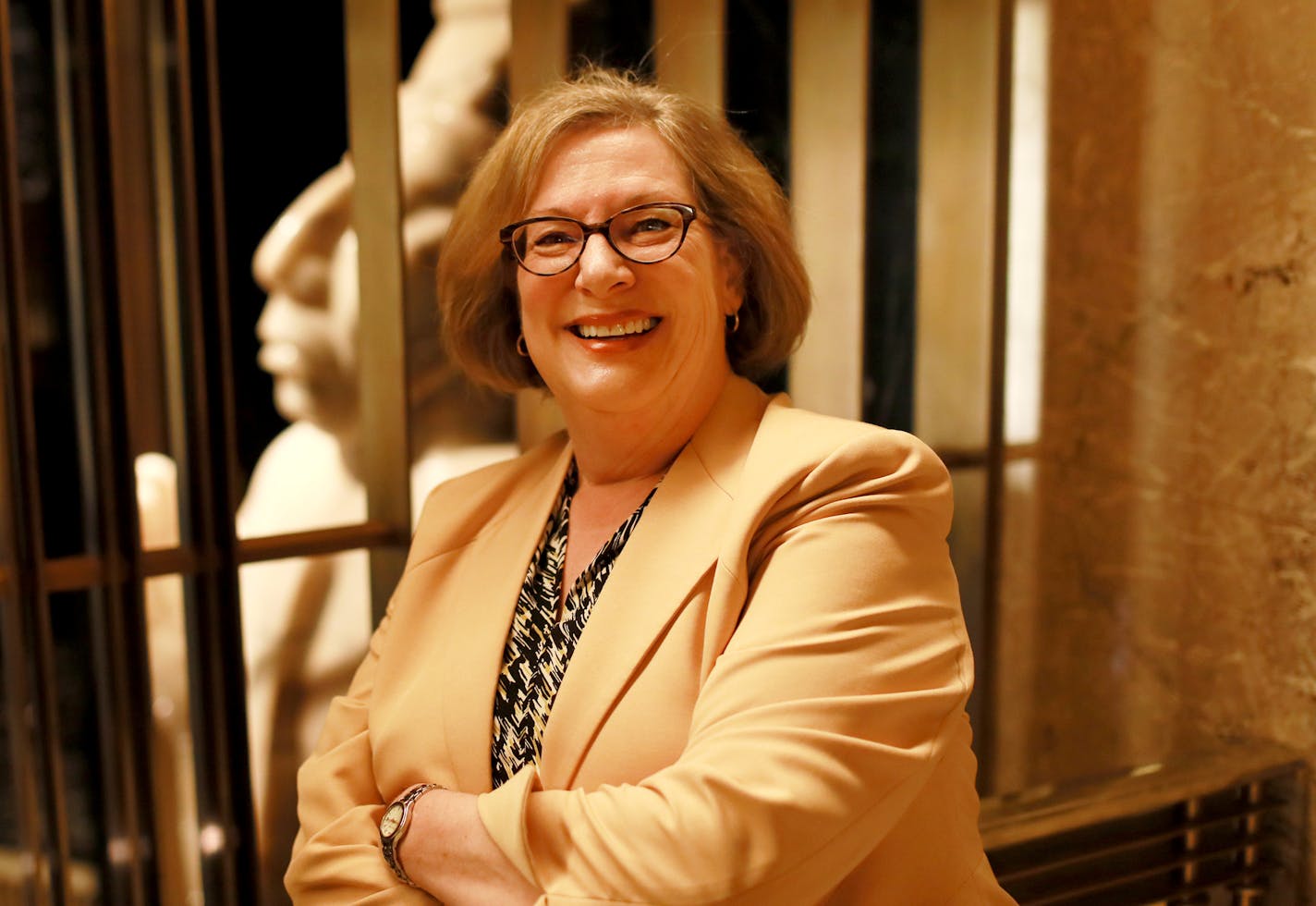 Julie Kleinschmidt, Ramsey County manager, will retire later this month after leading the county for 10 years and was seen at the Ramsey County Courthouse Tuesday, July 17, 2018, in St. Paul, MN. Kleinschmidt was seen on the third floor, near Vision of Peace, the largest carved onyx figure in the world, weighing 60 tons and standing 36 feet tall.]
DAVID JOLES &#xef; david.joles@startribune.com Julie Kleinschmidt, Ramsey County manager, to retire this month after leading the county for 10 years.