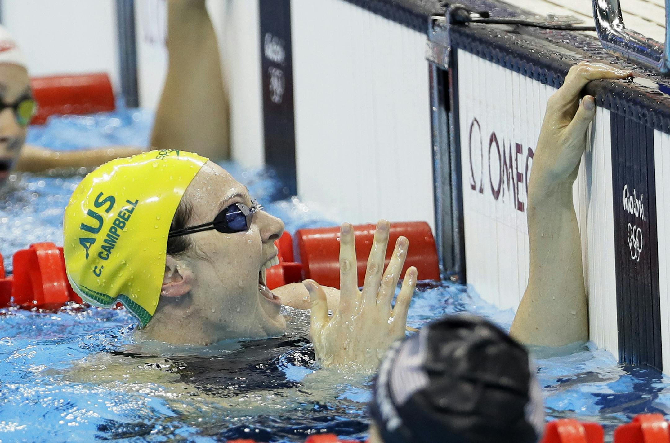 Australia's gold medal winner Cate Campbell celebrates after setting a new world record in the women's 4x100-meter freestyle final during the swimming competitions at the 2016 Summer Olympics, Saturday, Aug. 6, 2016, in Rio de Janeiro, Brazil. (AP Photo/David J. Phillip ) ORG XMIT: OSWM471