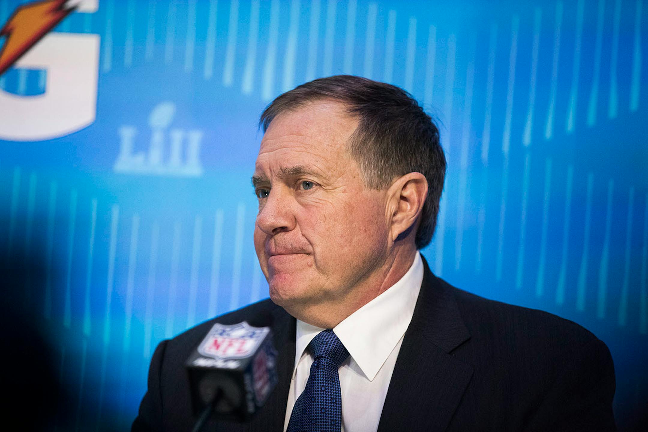 Patriots coach Bill Belichick talks to the media.