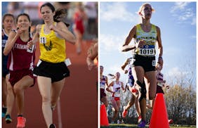 Nevis’ Jade Rypkema (left) and Hutchinson’s Isabelle Schmitz, shown in previous races, are distance runners making marks at the state meet. 