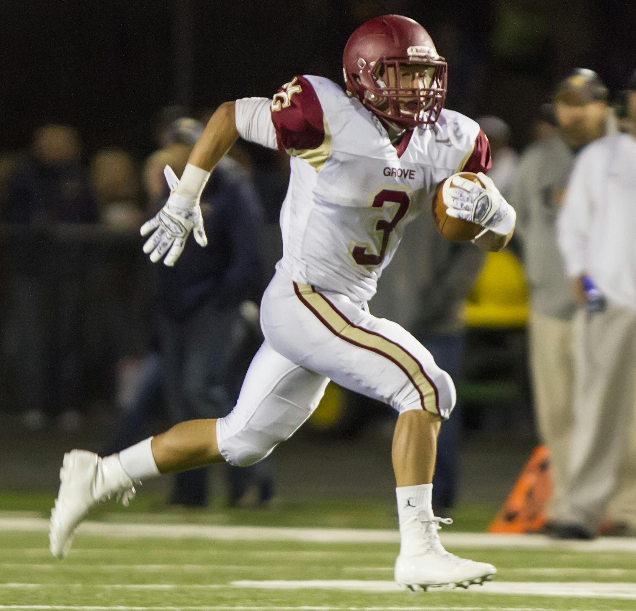 Maple Grove 3 RB Isaac Collins breaks loose on one of his long runs on the night as the Prior Lake Lakers host the Maple Grove Crimson on October 2, 2015. [Special to Star Tribune Matt Blewett ï matt@mattebphoto.com 20041350A SLUG:PREP100315.prior]