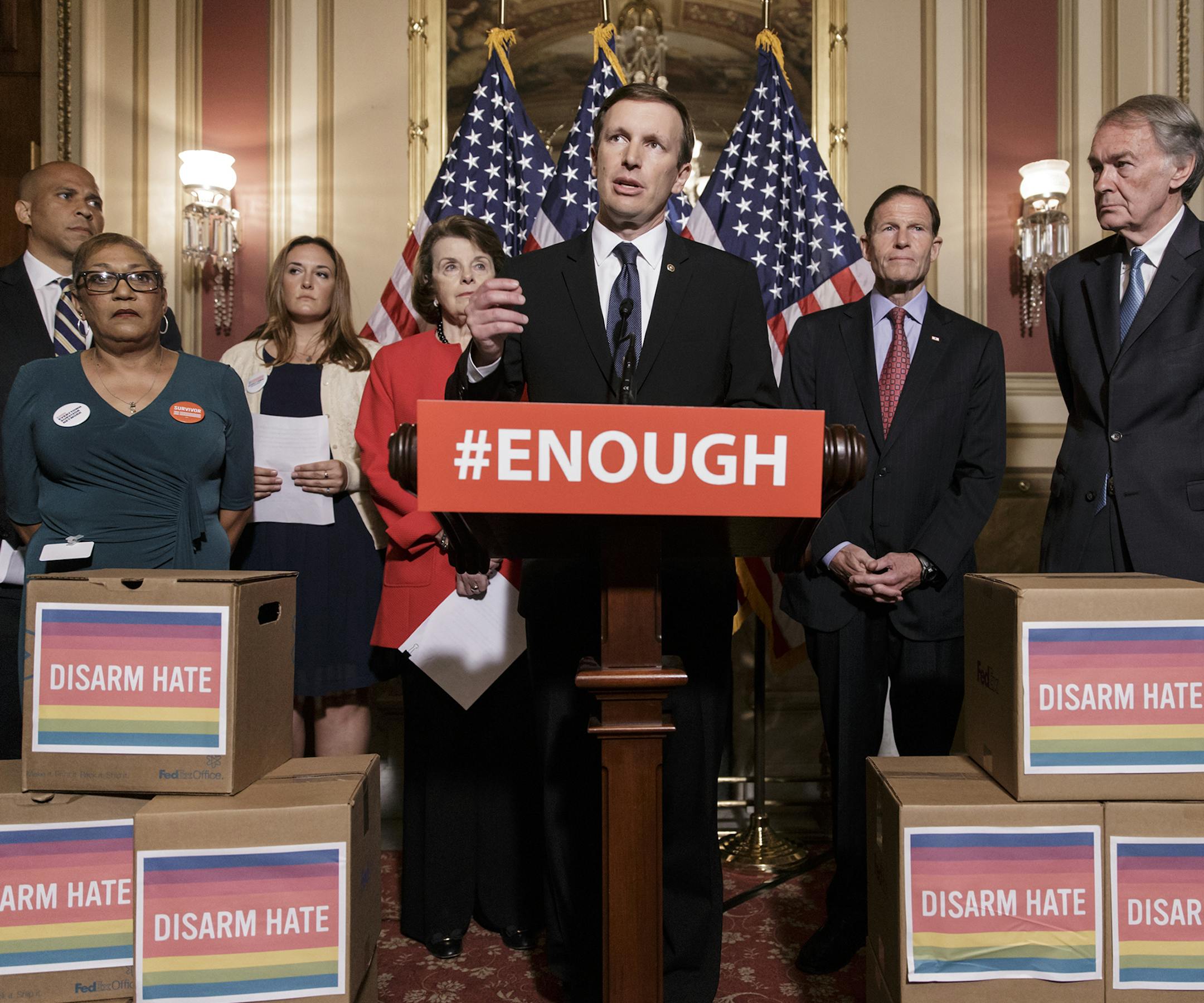 Sen. Chris Murphy, D-Conn., center, and other Democratic senators call for gun control legislation in the wake of the mass shooting in an Orlando LGBT nightclub this week, at the Capitol in Washington, Thursday, June 16, 2016. He is joined by, from left, Sen. Cory Booker, D-N.J., Rev. Sharon Risher, a clinical trauma chaplain in Dallas who lost her mother Ethel Lance in the racially-motivated shooting at the historic Emanuel AME Church in Charleston, N.C., in 2015, Tina Meins, whose father Damia