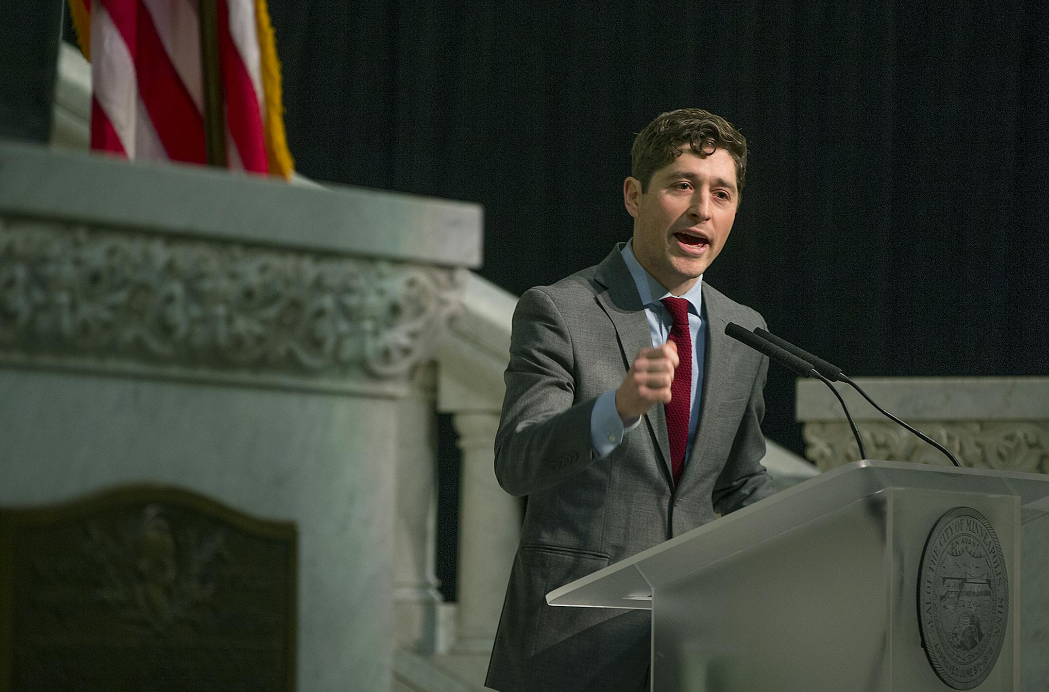 Minneapolis Mayor Jacob Frey gave his inaugural address during the inauguration ceremony in the City Hall rotunda, Monday, January 8, 2018 in Minneapolis, MN. ] ELIZABETH FLORES &#xef; liz.flores@startribune.com