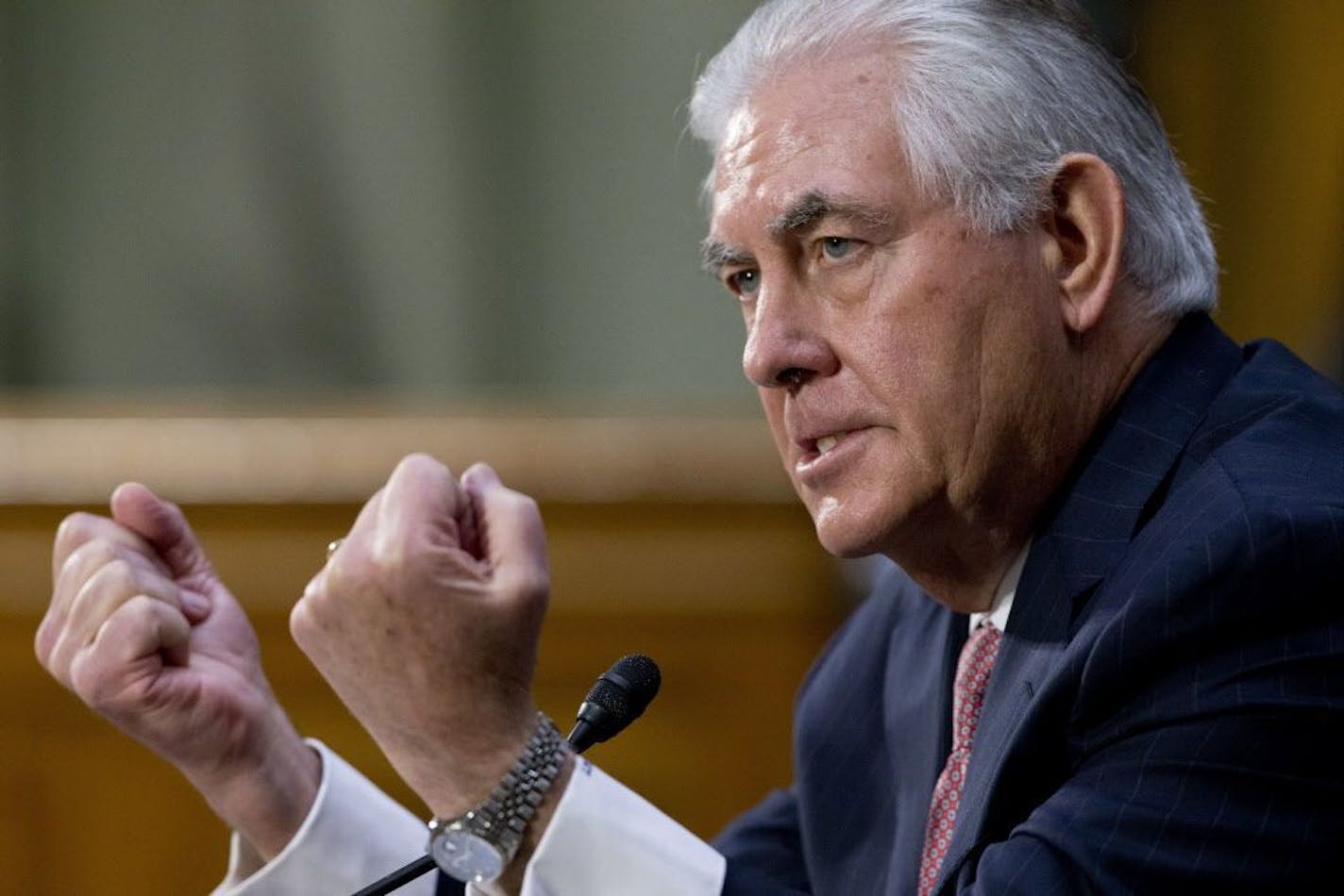 Secretary of State-designate Rex Tillerson gestures while testifying on Capitol Hill in Washington, Wednesday, Jan. 11, 2017, at his conformation hearing before the Senate Foreign Relations Committee.