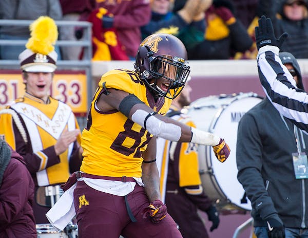 Minnesota Golden Gophers wide receiver Rashad Still (88) celebrated a touchdown in the second quarter with :05 seconds left against Illinois.