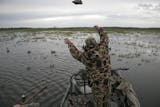 Doug Smith/Star Tribune Dan Kirchner of Mankato tosses decoys out for the duck opener Saturday on Swan Lake.