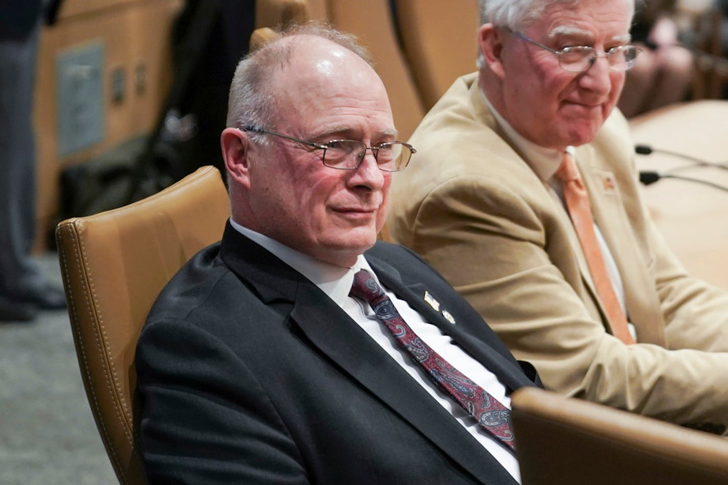 File-This March 11, 2019, file photo shows Minnesota State Sen. Jerry Relph, R-St. Cloud. On the right is Sen. Bruce Anderson, R-Buffalo Township. The state senator from St. Cloud has died of complications related to COVID-19. Seventy-six-year-old Relph was the first Minnesota lawmaker to succumb to the virus. (Glen Stubbe/Star Tribune via AP, File)