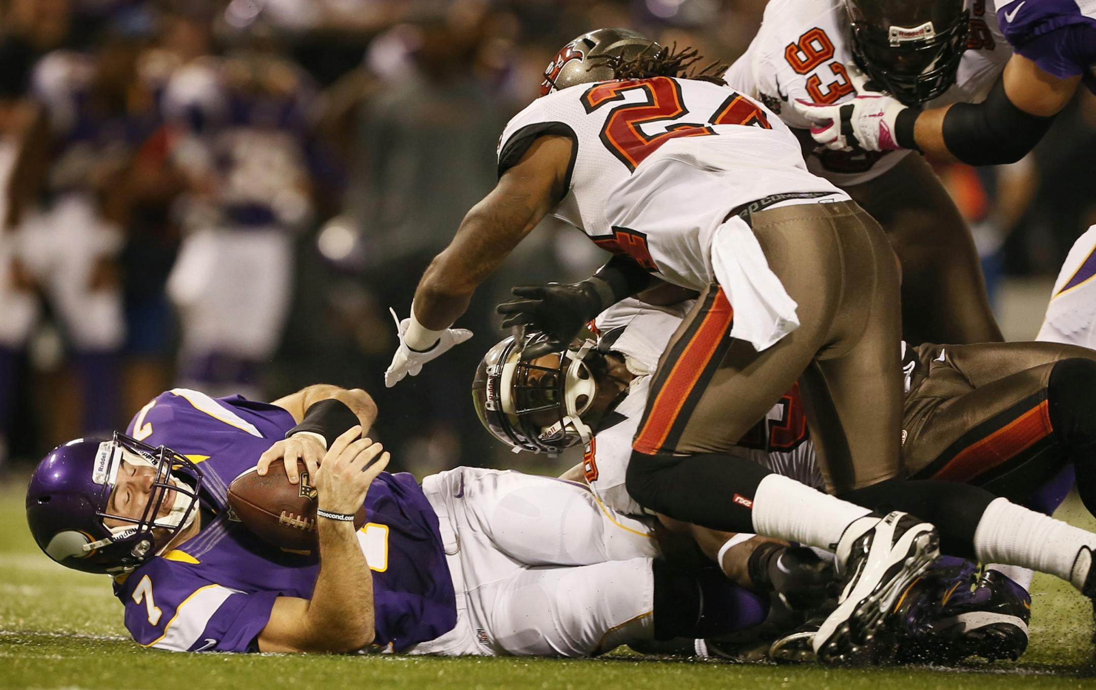 Quarterback Christian Ponder is sacked.