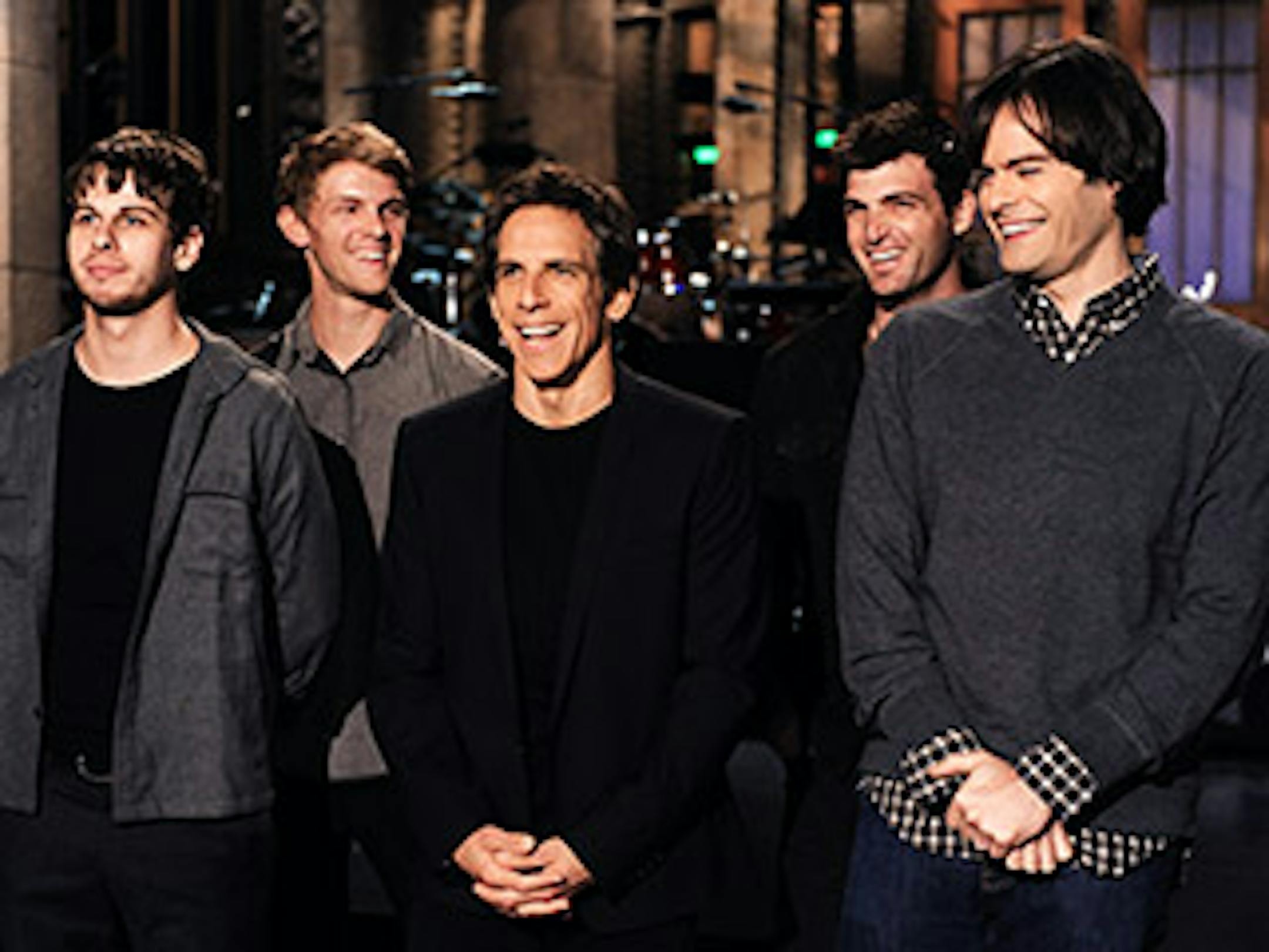 Foster the People with "SNL" host Ben Stiller and Bill Hader. / Dana Edelson, NBC