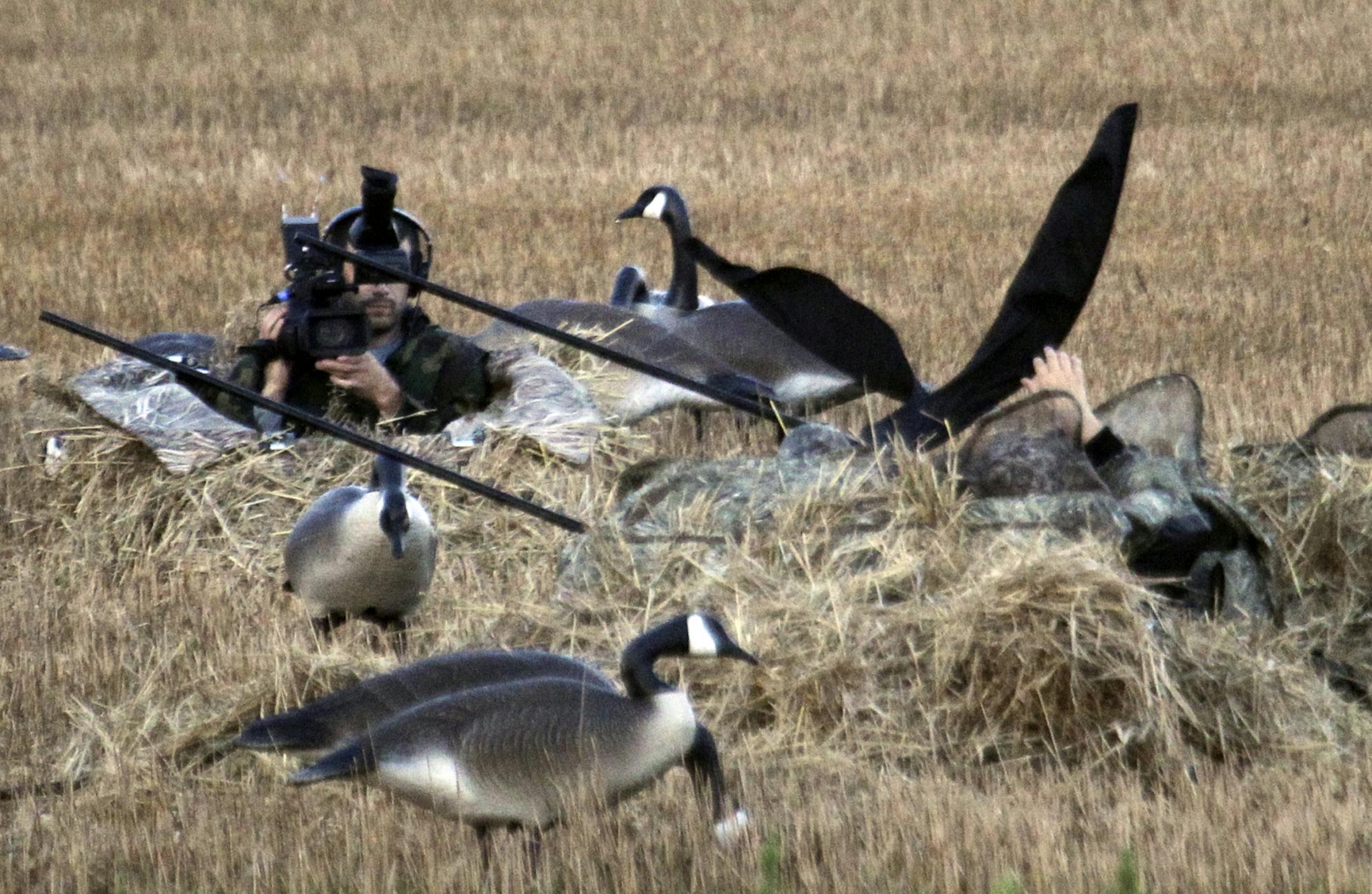 Videographer Justin Turkowski documenting a group of women hunters from a blind in Lino Lakes, MN., during the early goose opener. The hunt was being documented for "Women of the Wild Outdoors".