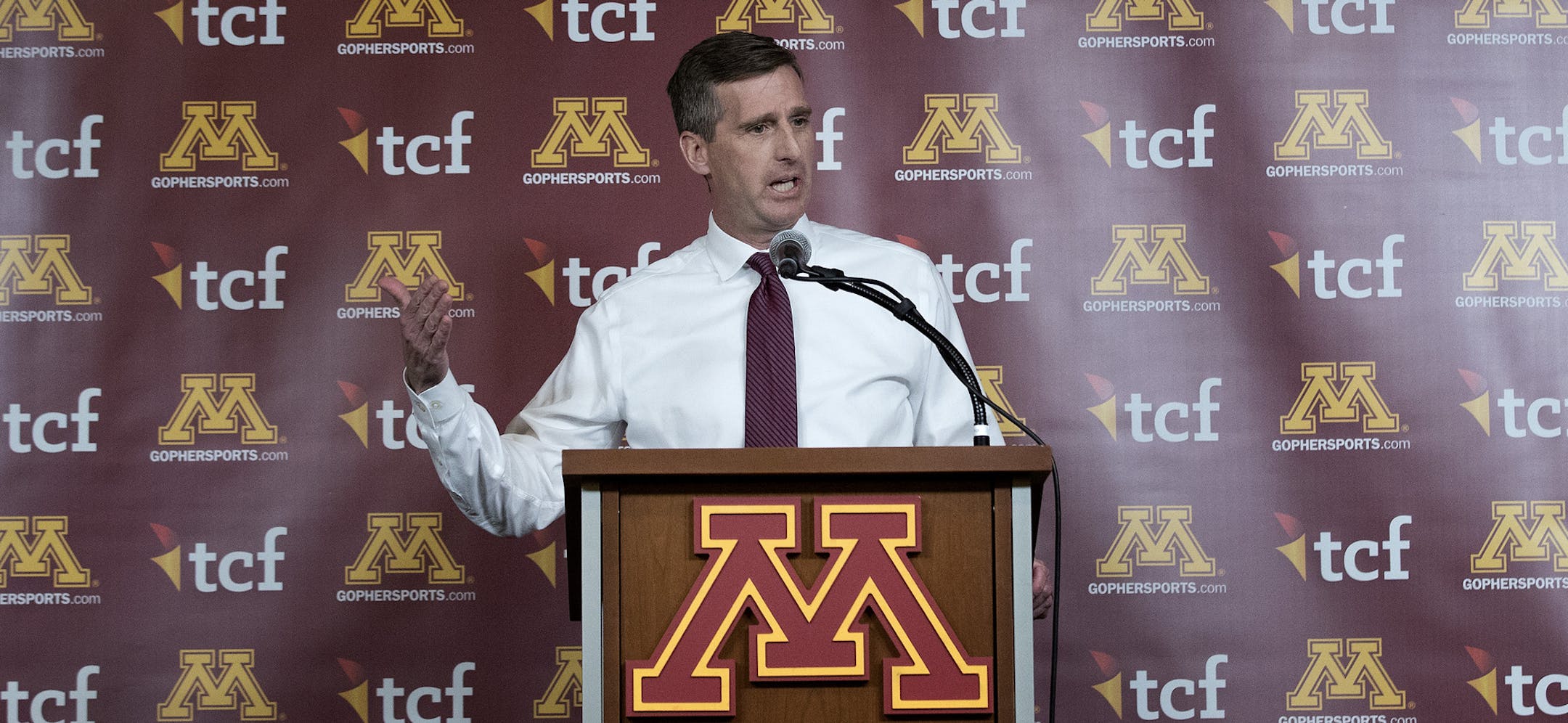 University of Minnesota Athletics Director Mark Coyle addressed the media after the firing of Gophers football coach Tracy Claeys. ] CARLOS GONZALEZ cgonzalez@startribune.com - January 3, 2017, Minneapolis, MN, TCF Bank Stadium, University of Minnesota Football head coach, Tracy Claeys fired. MINNEAPOLIS, MN (Jan. 3, 2017) &#xf1; University of Minnesota Athletics Director Mark Coyle today relieved Gophers football coach Tracy Claeys of his duties, along with most of the rest of the coaching staf