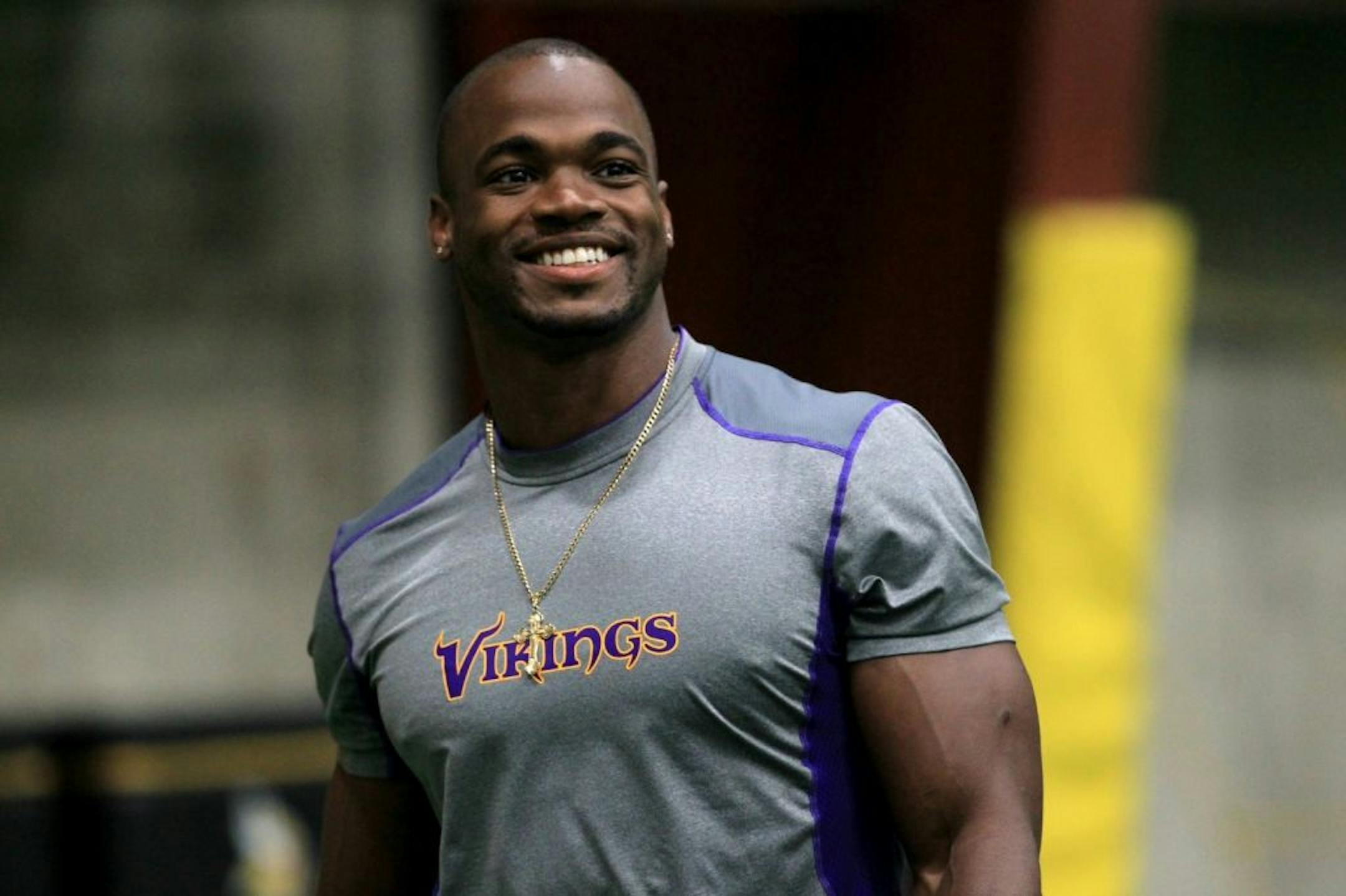 Viking Adrian Peterson was all smiles as he practiced in front of the media Wednesday, May 9, 2012 at Winter Park in Eden Prairie, Minn. (RENEE JONES SCHNEIDER * reneejones@star-tribune.com) Adrian Peterson