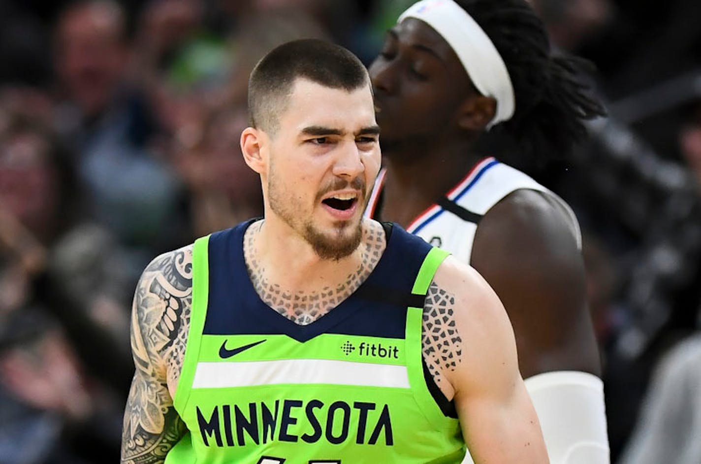 Minnesota Timberwolves forward Juan Hernangomez (41) celebrated a 3-pointer scored against the LA Clippers in the second half. ] Aaron Lavinsky • aaron.lavinsky@startribune.com The Minnesota Timberwolves played the Los Angeles Clippers on Saturday, Feb. 8, 2020 at Target Center in Minneapolis, Minn.