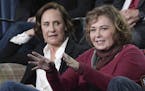 Laurie Metcalf, left, and Roseanne Barr participate in the "Roseanne" panel during the Disney/ABC Television Critics Association Winter Press Tour on 
