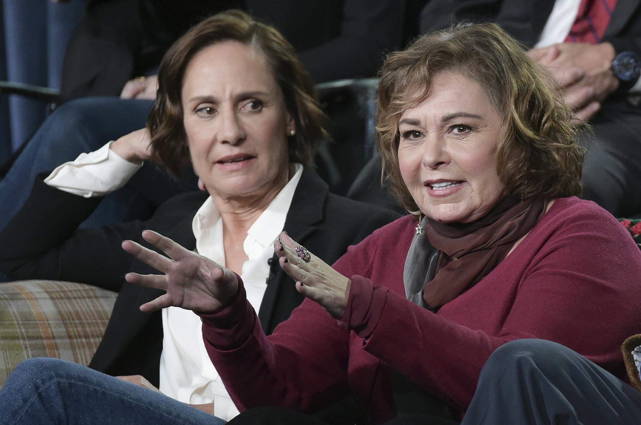 Laurie Metcalf, left, and Roseanne Barr participate in the "Roseanne" panel during the Disney/ABC Television Critics Association Winter Press Tour on Monday, Jan. 8, 2018, in Pasadena, Calif. (Photo by Richard Shotwell/Invision/AP)