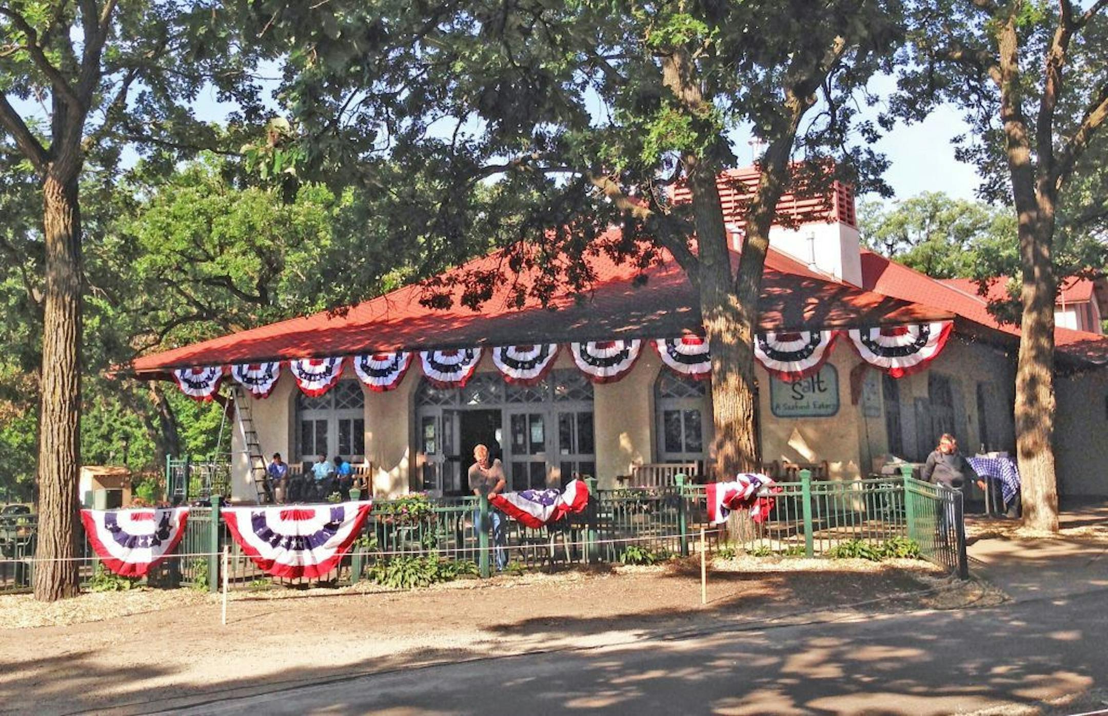 The presidential banners are hung Thursday morning at Minnehaha Falls Park in Minneapolis.
