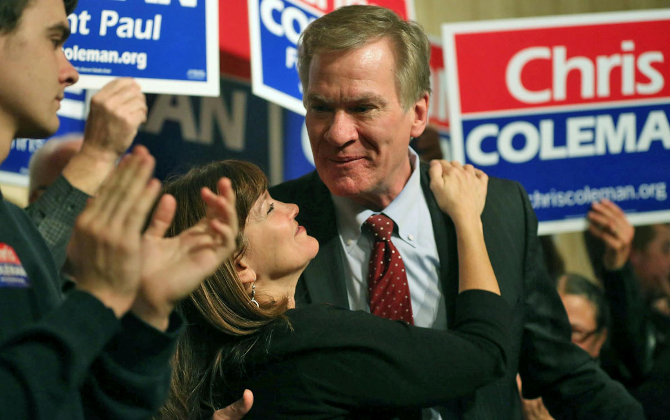 Mayor Chris Coleman hugged his wife Connie, after his victory speech at the St. Paul Hotel.