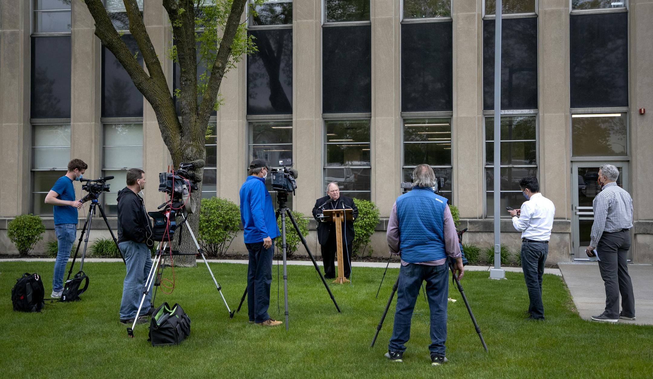 Archbishop Bernard Hebda spoke during a press conference at Archdiocesan Catholic Center in St. Paul.