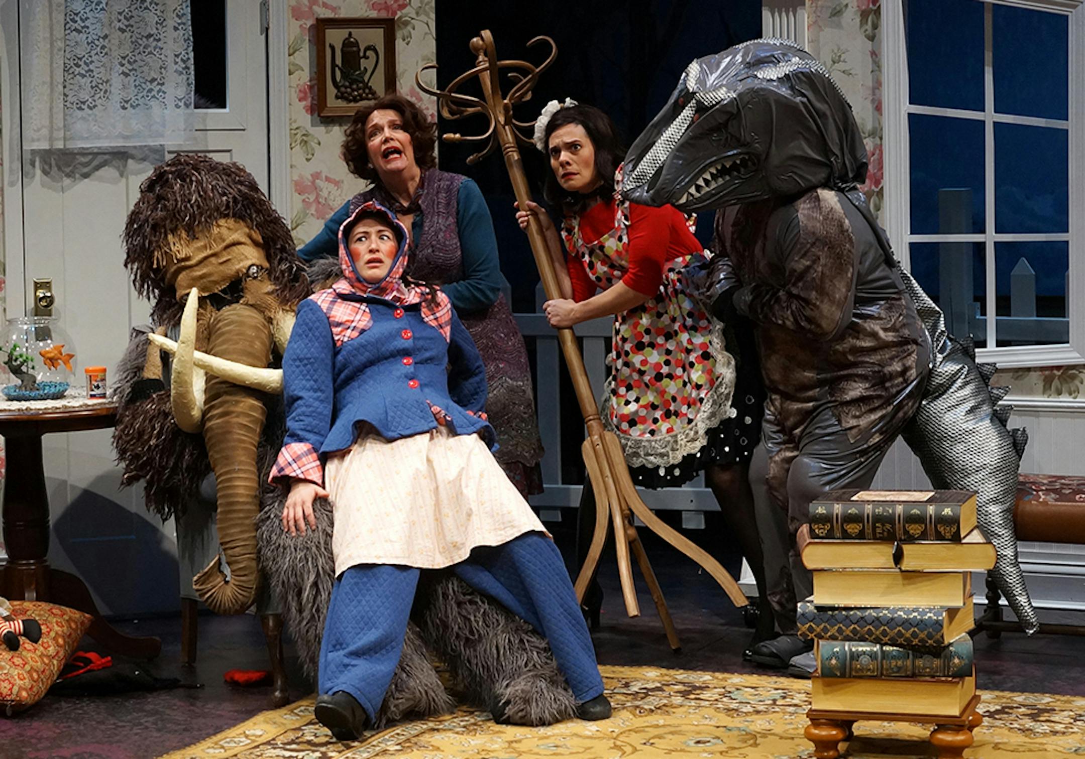 "The Skin of Our Teeth" Park Square Theatre Left to right: Neal Skoy, Victoria Pyan (mammoth), Kathryn Fumie, Kirby Bennett, Alayne Hopkins, Pedro Juan Fonseca (dinosaur) Photo: Petronella J Ytsma
