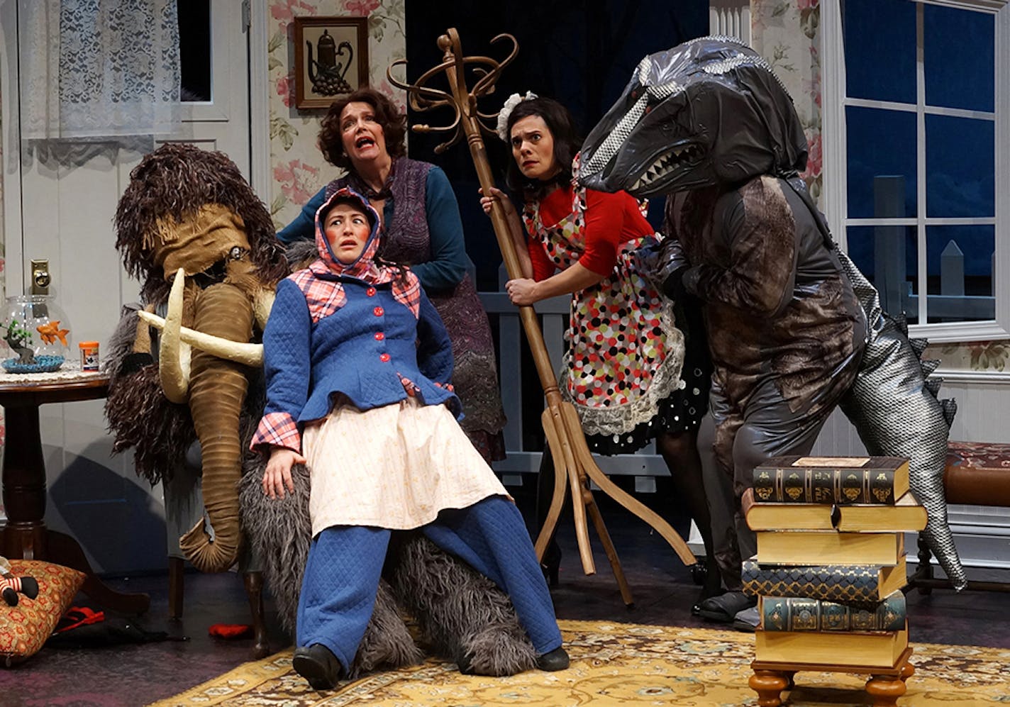 "The Skin of Our Teeth" Park Square Theatre Left to right: Neal Skoy, Victoria Pyan (mammoth), Kathryn Fumie, Kirby Bennett, Alayne Hopkins, Pedro Juan Fonseca (dinosaur) Photo: Petronella J Ytsma