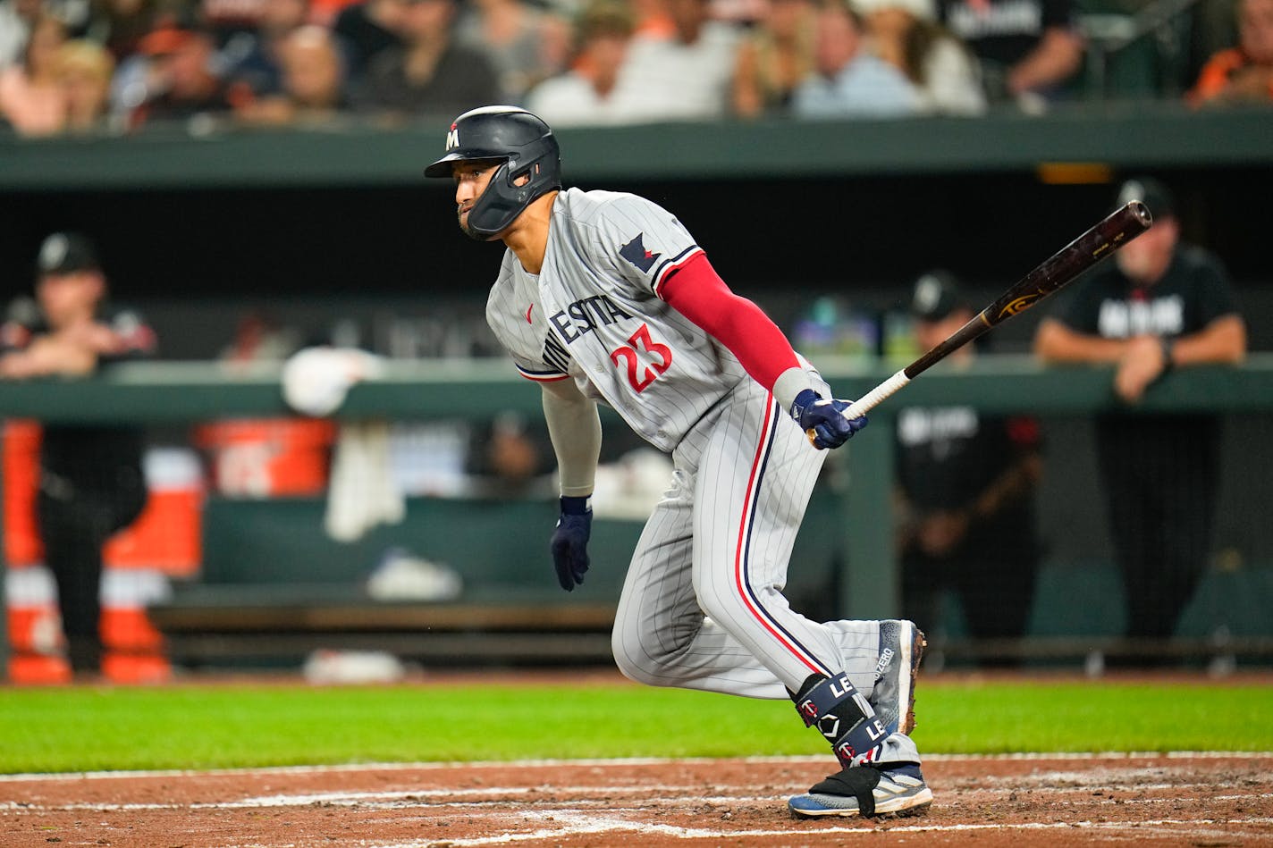 Minnesota Twins' Royce Lewis follows through on a swing during the fourth inning of a baseball game between the Baltimore Orioles and the Minnesota Twins, Friday, June 30, 2023, in Baltimore. The Twins won 8-1. (AP Photo/Julio Cortez)