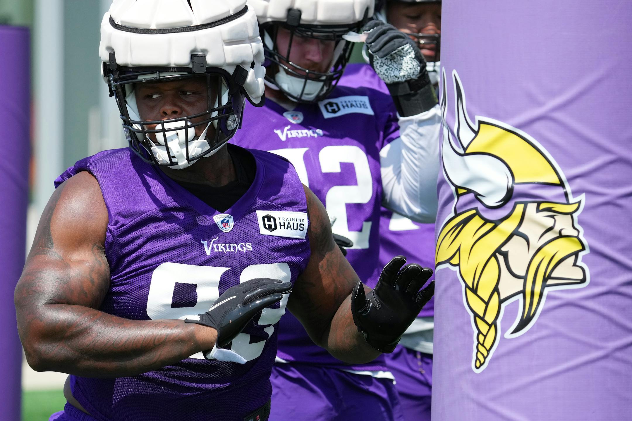 Minnesota Vikings defensive tackle Jaylen Twyman (93) works out during training camp.