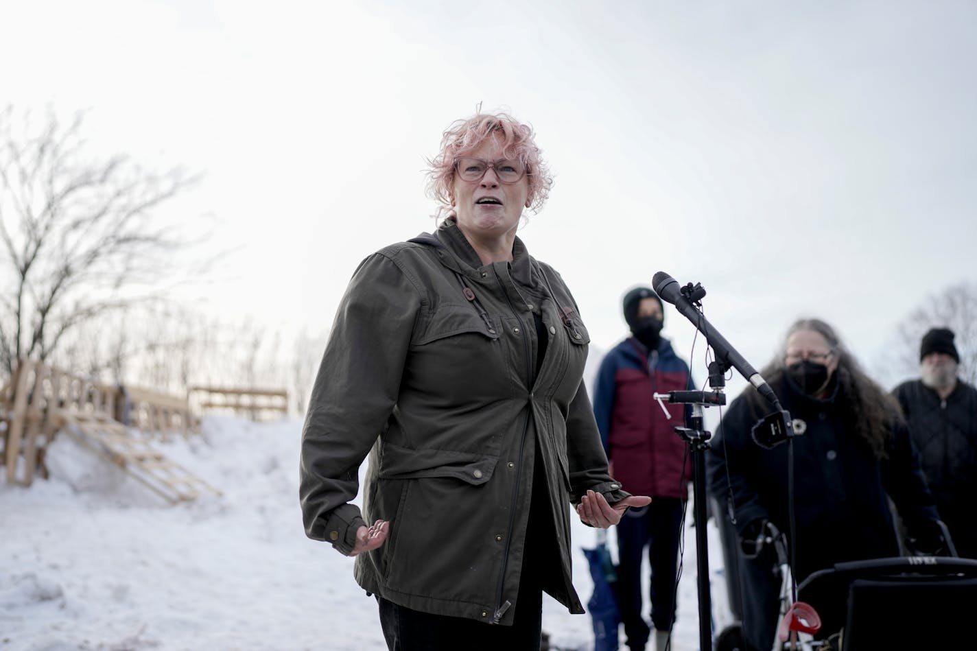 "We have nowhere else to go" said former encampment resident Melanie Groves who spoke against the impending municipal clearing of a homeless encampment adjacent to the Quarry shopping center Tuesday, Dec. 27, 2022 in Minneapolis. Groves said she lived at the encampment intermittently for over the past year before recently securing housing.