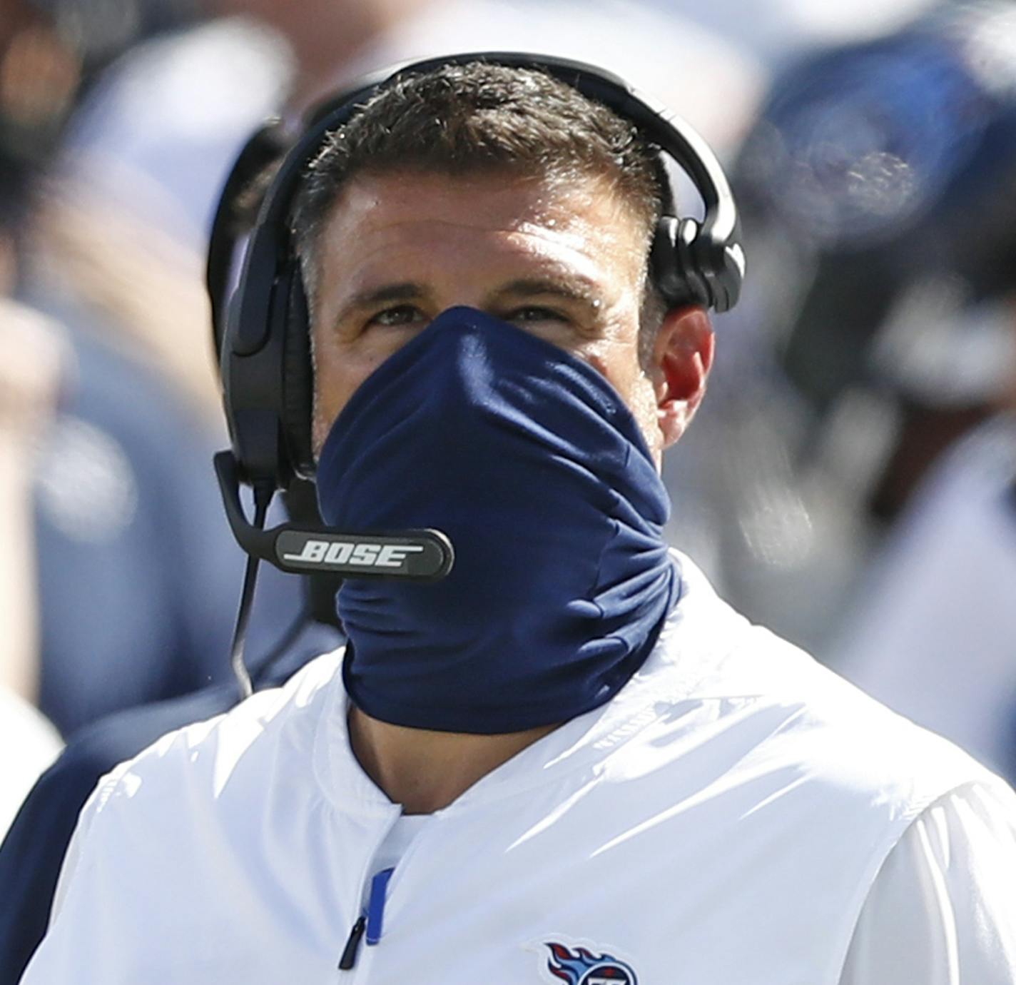 Tennessee Titans head coach Mike Vrabel looks at the scoreboard in the second half of an NFL football game against the Jacksonville Jaguars Sunday, Sept. 20, 2020, in Nashville, Tenn. (AP Photo/Wade Payne)