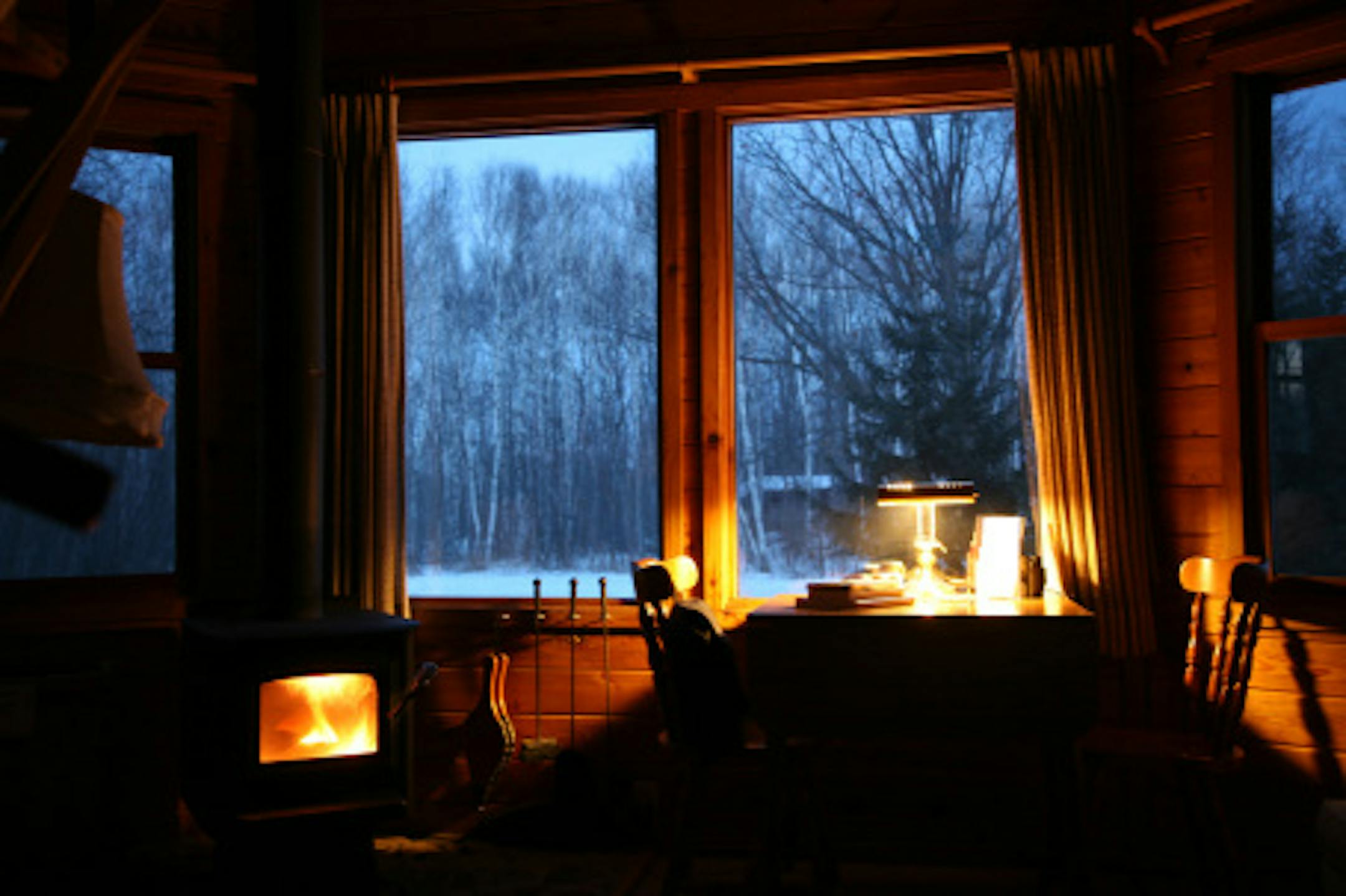 Interior of the Birches, the hermitage that faces a stand of birch trees at the Dwelling in the Woods near WIllow River, Minn.