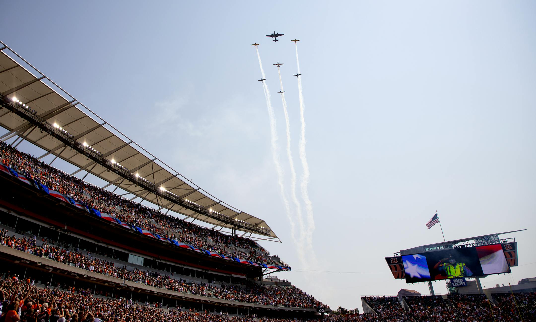 A flyover of  Paul Brown Stadium during the National Anthem.