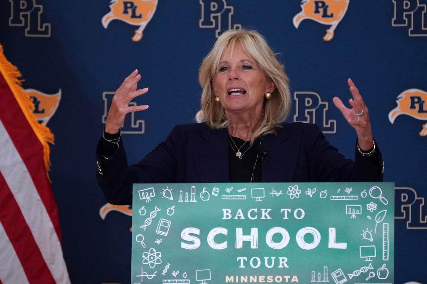 Jill Biden spoke during a campaign stop for her husband to discuss school re-openings with Sen. Amy Klobuchar, Gov. Tim Walz and others Wednesday at Jeffers Pond Elementary School.