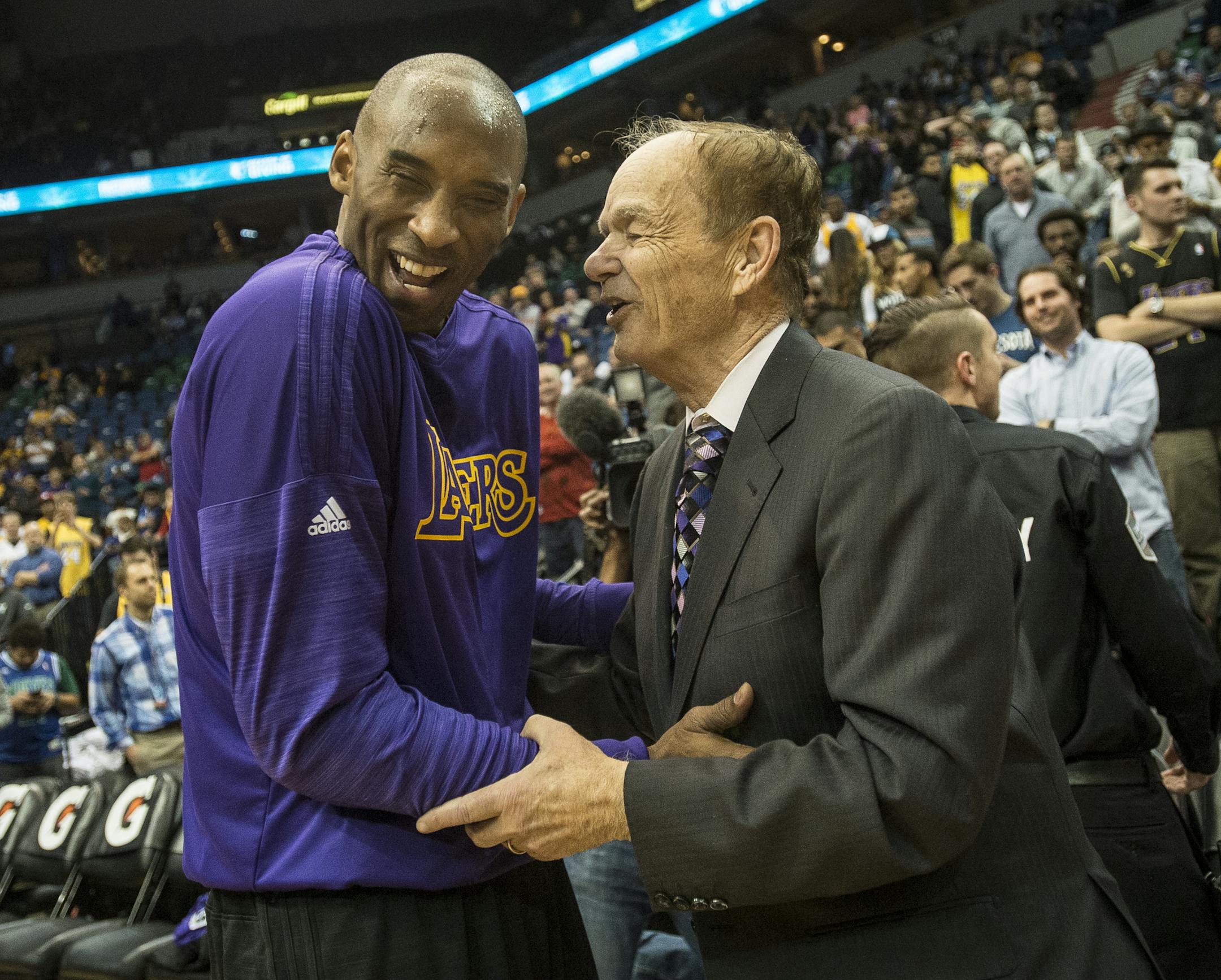 Los Angeles Lakers forward Kobe Bryant (24) joked with Timberwolves owner Glen Taylor before the start of Wednesday night's game. ] (AARON LAVINSKY/STAR TRIBUNE) aaron.lavinsky@startribune.com The Minnesota Timberwolves played the Los Angeles Lakers on Wednesday, Dec. 9, 2015 at Target Center in Minneapolis, Minn.