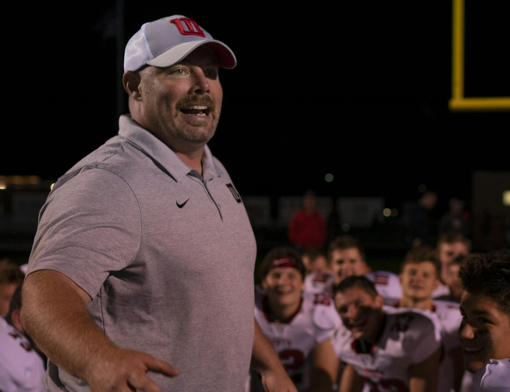 Lakeville North head coach Brian Vossen talked to his players after the game. ] JEFF WHEELER &#x2022; jeff.wheeler@startribune.com Defending state champions Lakeville North defeated Woodbury High School 24-7 in a high school football game at Woodbury Thursday night, August 29, 2019.
