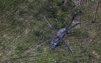 An anti-narcotics helicopter flies over a coca field in Calamar, Guaviare state, Colombia, Tuesday, Aug. 2, 2016. Police seized cocaine and chemicals 