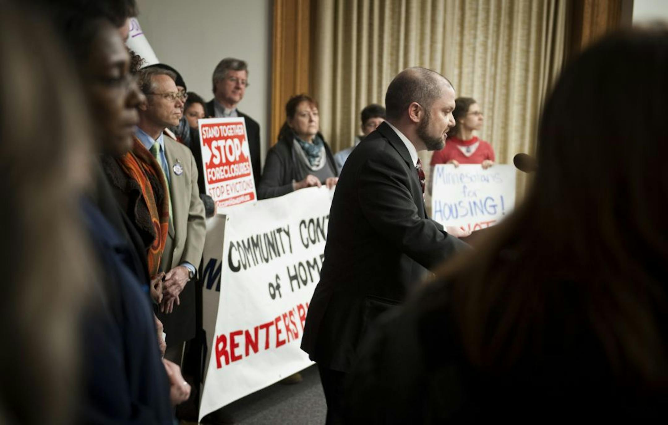 Rep. Mike Freiberg addressed supporters at the Capitol on Wednesday. He sponsored a bill that is modeled after similar legislation in California.