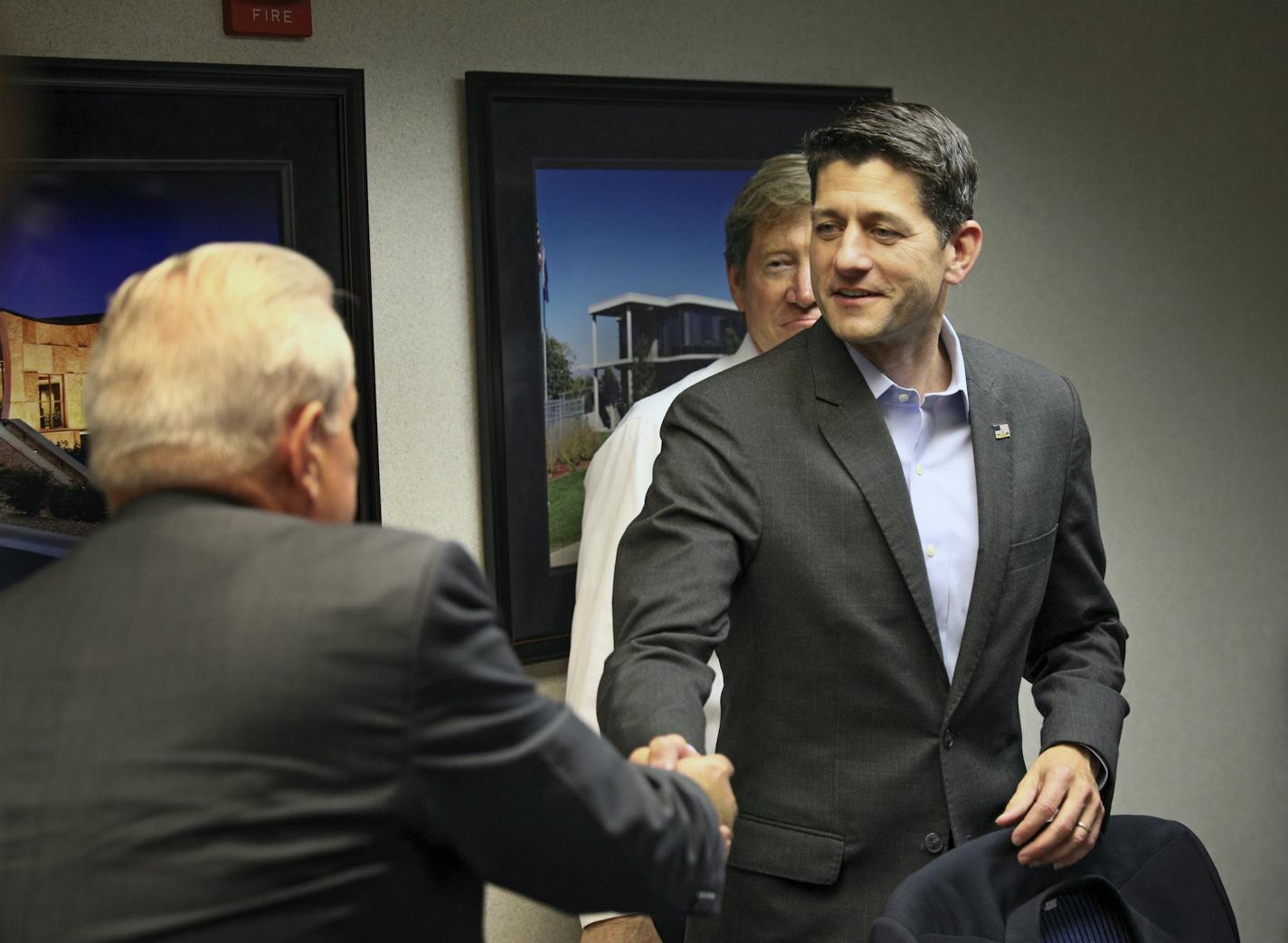 House Speaker Paul Ryan visited Minnesota on Monday, where he spent time at Best Buy HQ with Rep. Erik Paulsen, then held a roundtable discussion with Rep. Jason Lewis in Burnsville with business leaders focused on career and technical education. Ryan is shown here shaking hands with Bill Smith, President and CEO of Waterous Co. in S. St. Paul. ] BRIAN PETERSON &#x2022; brian.peterson@startribune.com
Burnsville, MN 07/09/2018