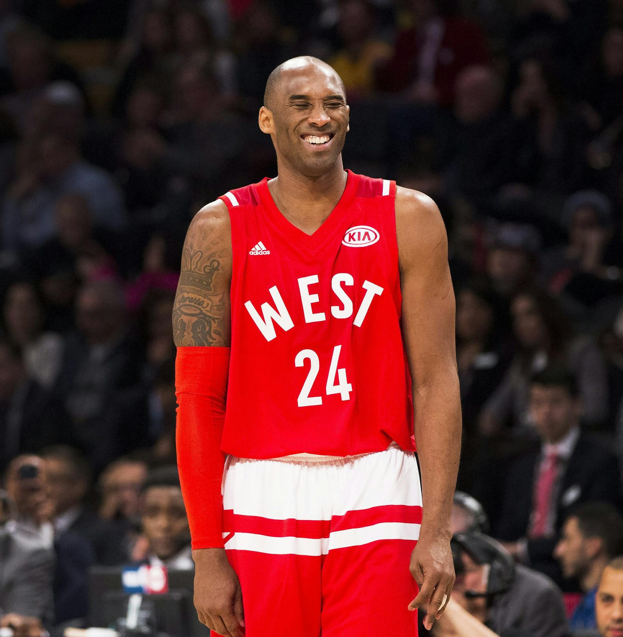 Western Conference's Kobe Bryant, of the Los Angeles Lakers, (24) reacts during first half NBA All-Star basketball action in Toronto on Sunday, Feb. 14, 2016. (Mark Blinch/The Canadian Press via AP)
