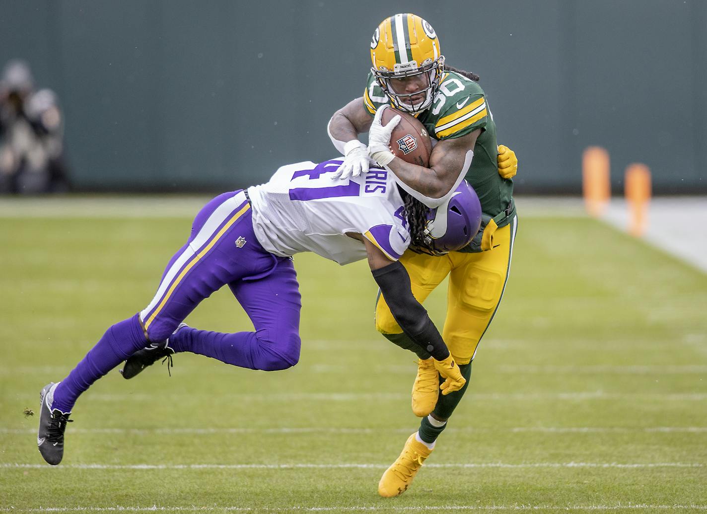 Minnesota Vikings free safety Anthony Harris stopped Green Bay Packers running back Jamaal Williams in the first quarter. ] ELIZABETH FLORES • liz.flores@startribune.com The Minnesota Vikings played the Green Bay Packers at Lambeau Field in Green Bay, Wis., Sunday, November 1, 2020. ORG XMIT: MIN2011011643110141