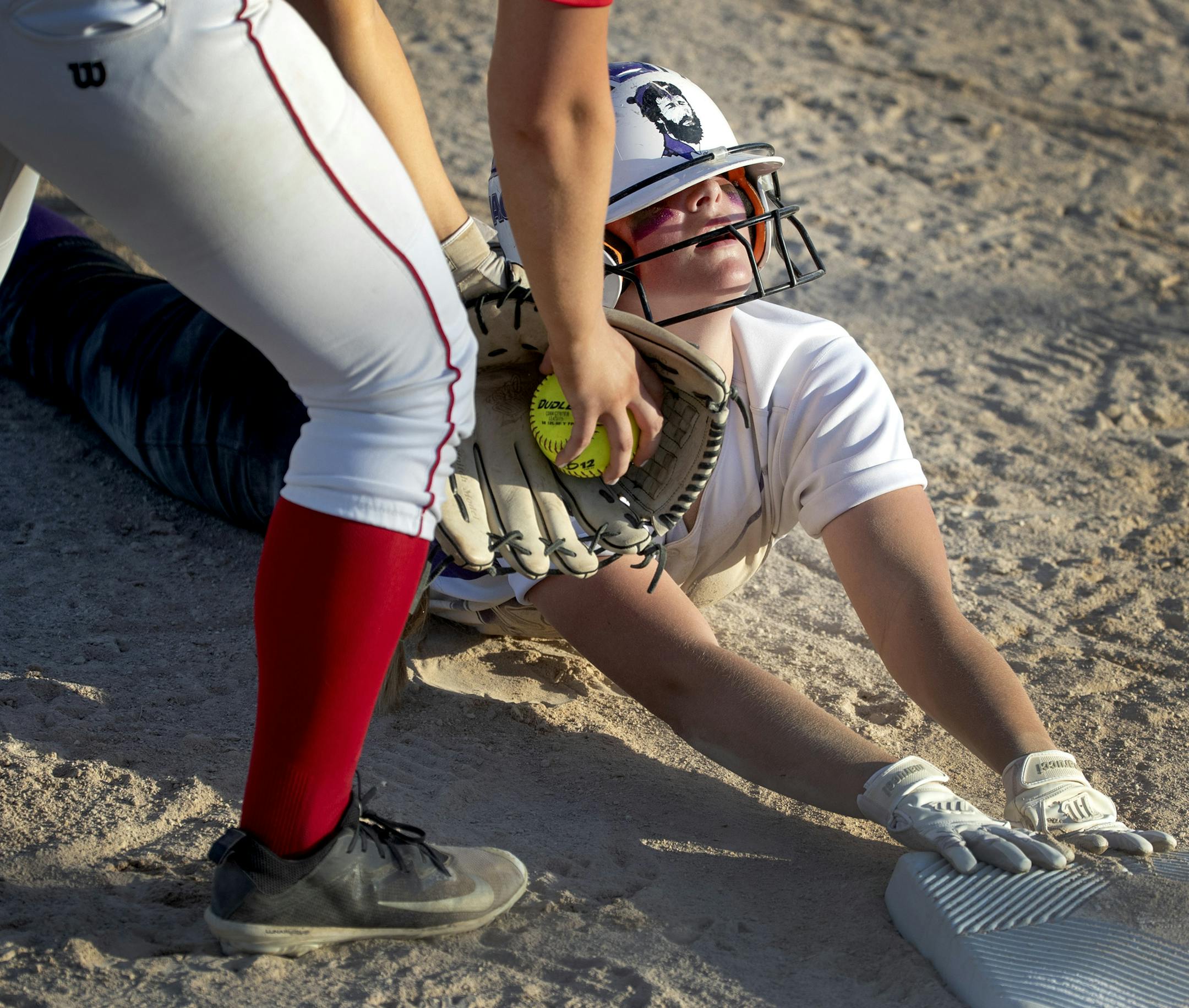 Kiana Bender (3) of Cloquet was safe under the tag of Kenzie Grunst (14) of Mankato West in the fifth inning. ] CARLOS GONZALEZ • cgonzalez@startribune.com – North Mankato, MN – June 6, 2019, Caswell Park, High School / Prep state softball semifinals,