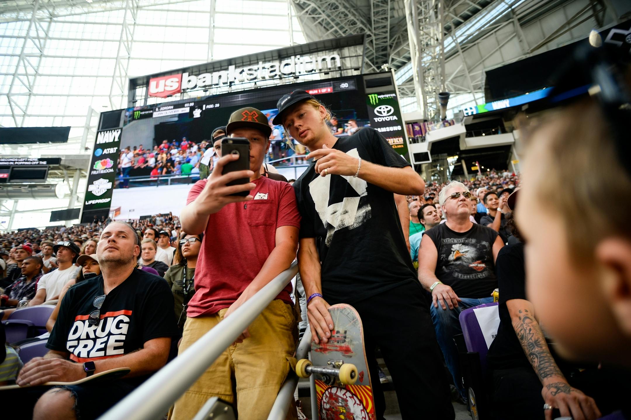 Rochester's Alec Majerus took a selfie with a fan after his first run in the skateboarding street finals Saturday.