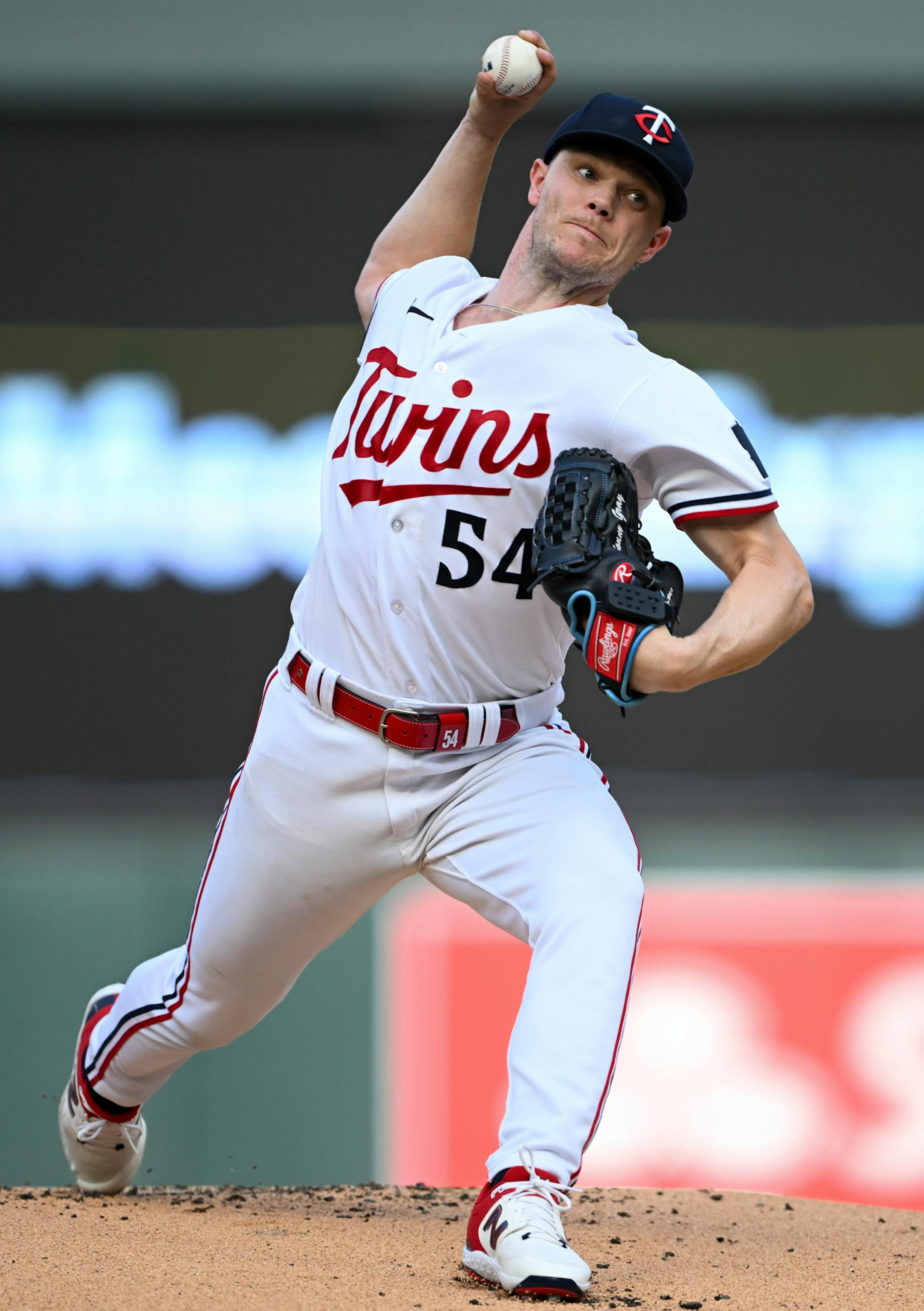 Minnesota Twins starting pitcher Sonny Gray (54) throws a pitch against the Boston Red Sox in the top of the first inning Wednesday, June 21, 2023, at Target Field in Minneapolis, Minn.