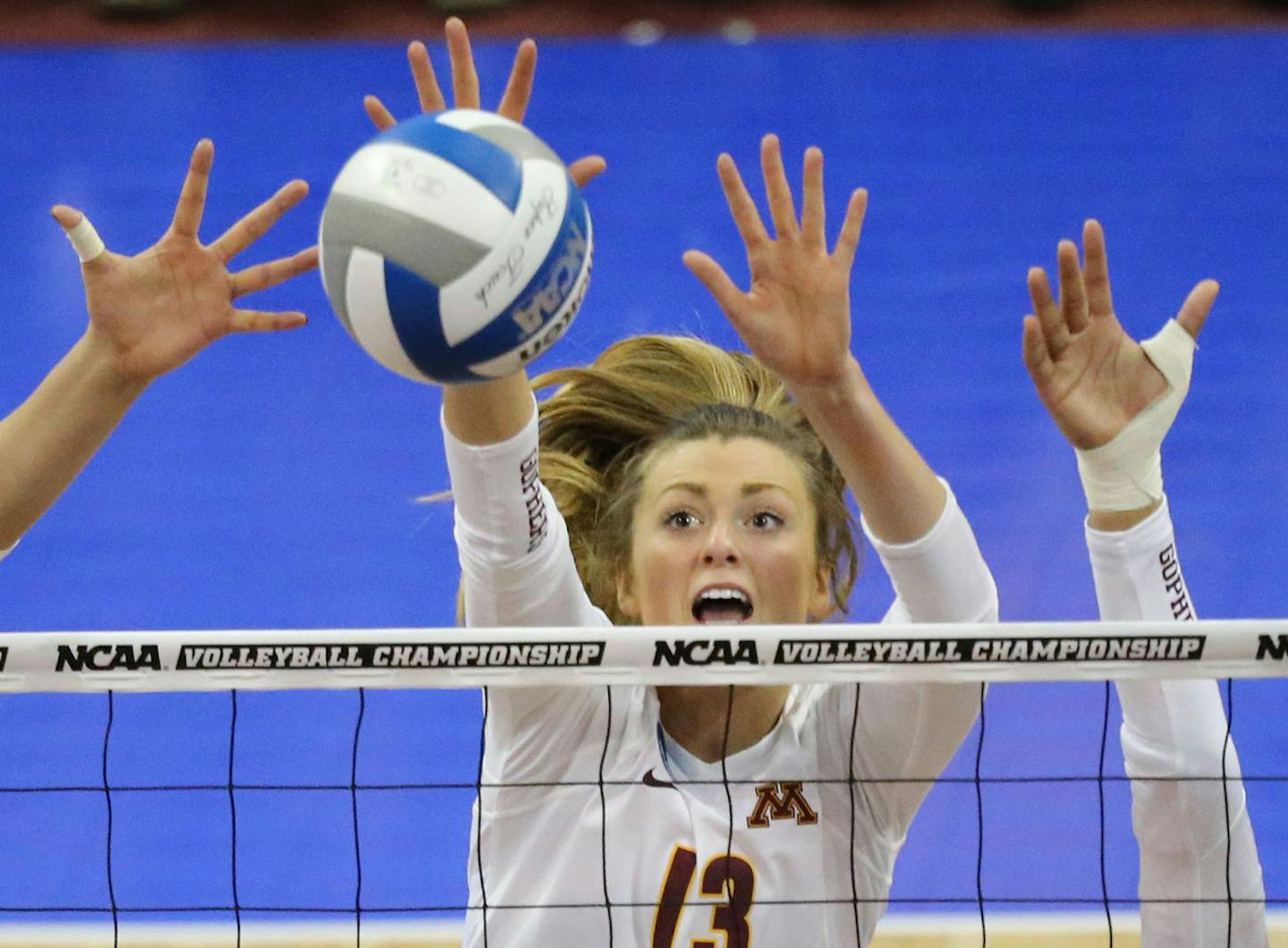 The University of Minnesota's Hannah Tapp (7), Molly Lohman (13) and Alexis Hart (19) go up to block a shot by the University of Missouri's Melanie Crow (1) during the second set of the regional NCAA volleyball tournament Friday, Dec. 8, 2016, at the Sports Pavilion in Minneapolis, MN.]
(DAVID JOLES/STARTRIBUNE)djoles@startribune.com The University of Missouri at the University of Minnesota in the regional NCAA volleyball tournament Friday, Dec. 8, 2016, at the Sports Pavilion in Minneapolis, MN