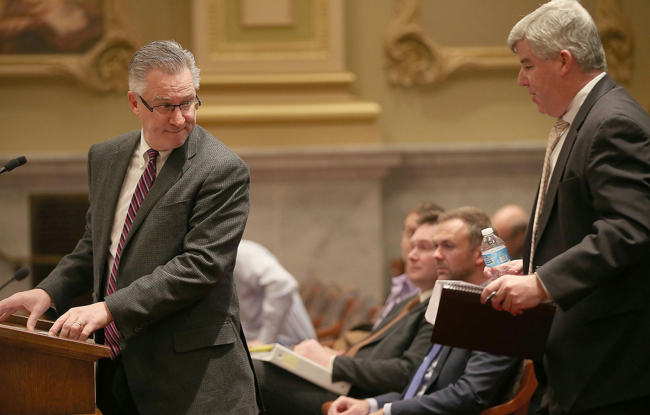 Duane Ring President of Midwest Region, CenturyLink, Inc., left, and James Campbell, the Regional Vice President of CenturyLink Communications introduced CenturyLink's application for a cable franchise during the Minneapolis City Council's Ways and Means committee hearing, Monday, February 23, 2015 in Minneapolis, MN. ] (ELIZABETH FLORES/STAR TRIBUNE) ELIZABETH FLORES • eflores@startribune.com